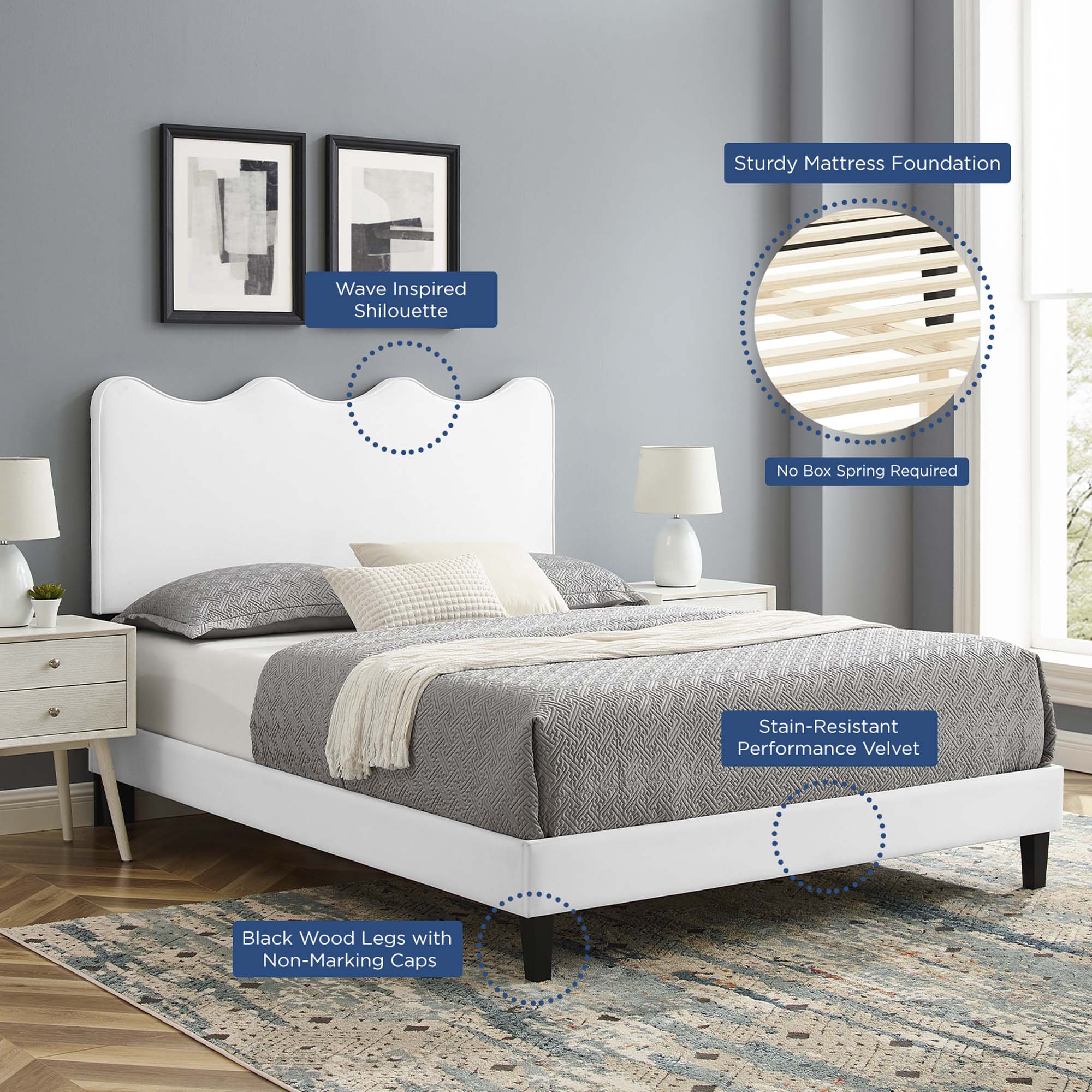 Current Performance Velvet Platform Bed With Black Wood Legs