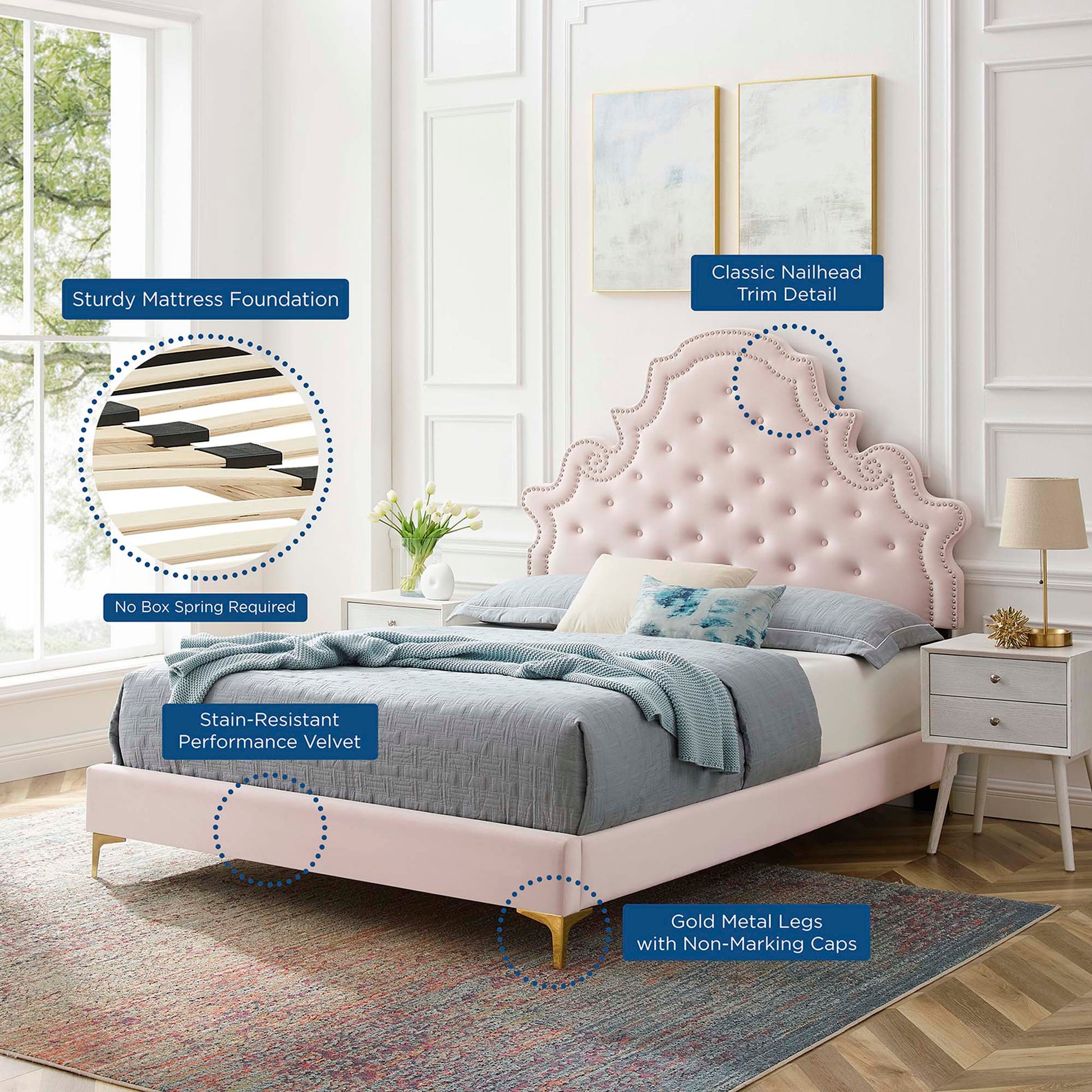 Gwyneth Tufted Performance Velvet Platform Bed With Gold Metal Legs