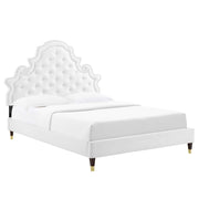 Gwyneth Tufted Performance Velvet Platform Bed With Wood and Gold Legs - White
