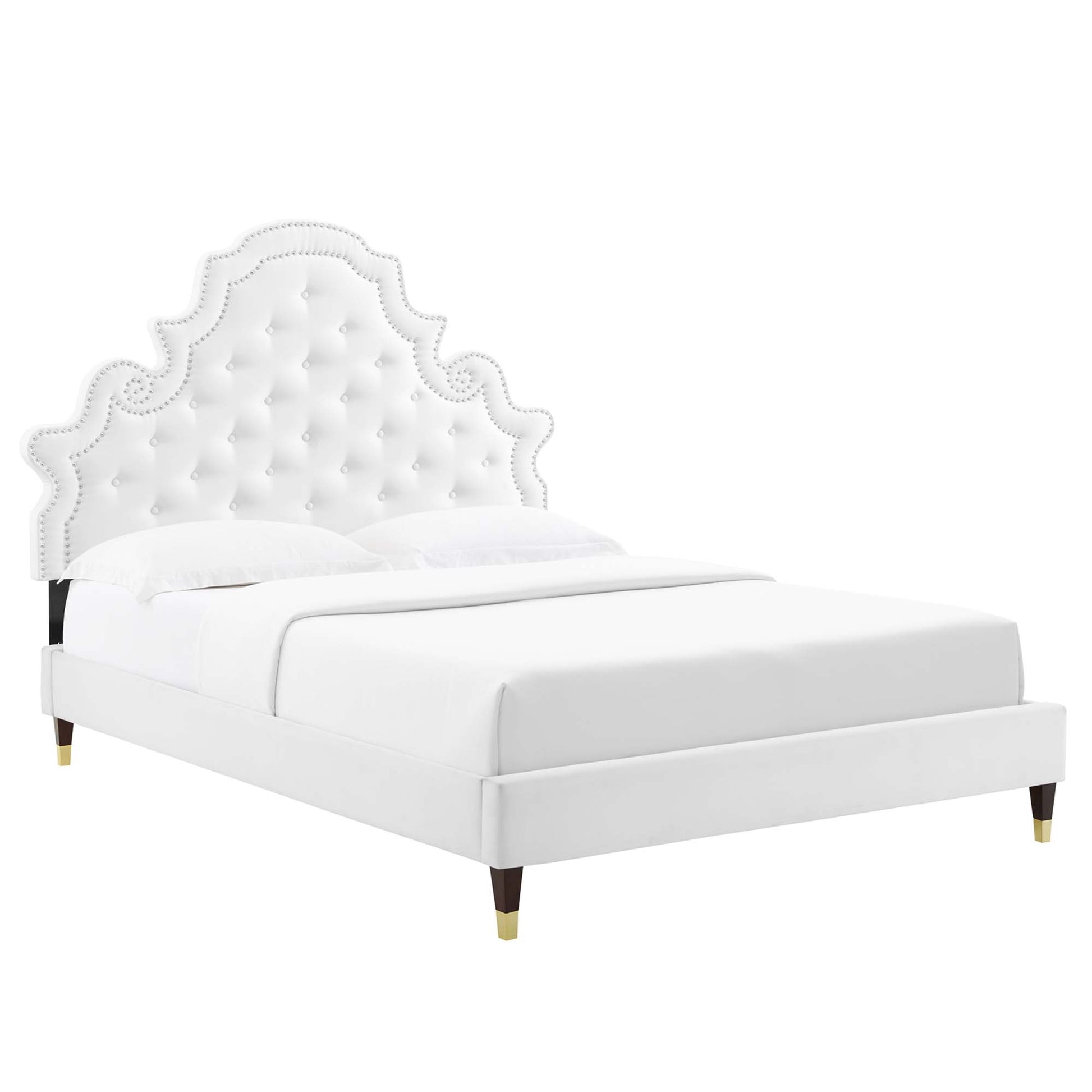 Gwyneth Tufted Performance Velvet Platform Bed With Wood and Gold Legs - White