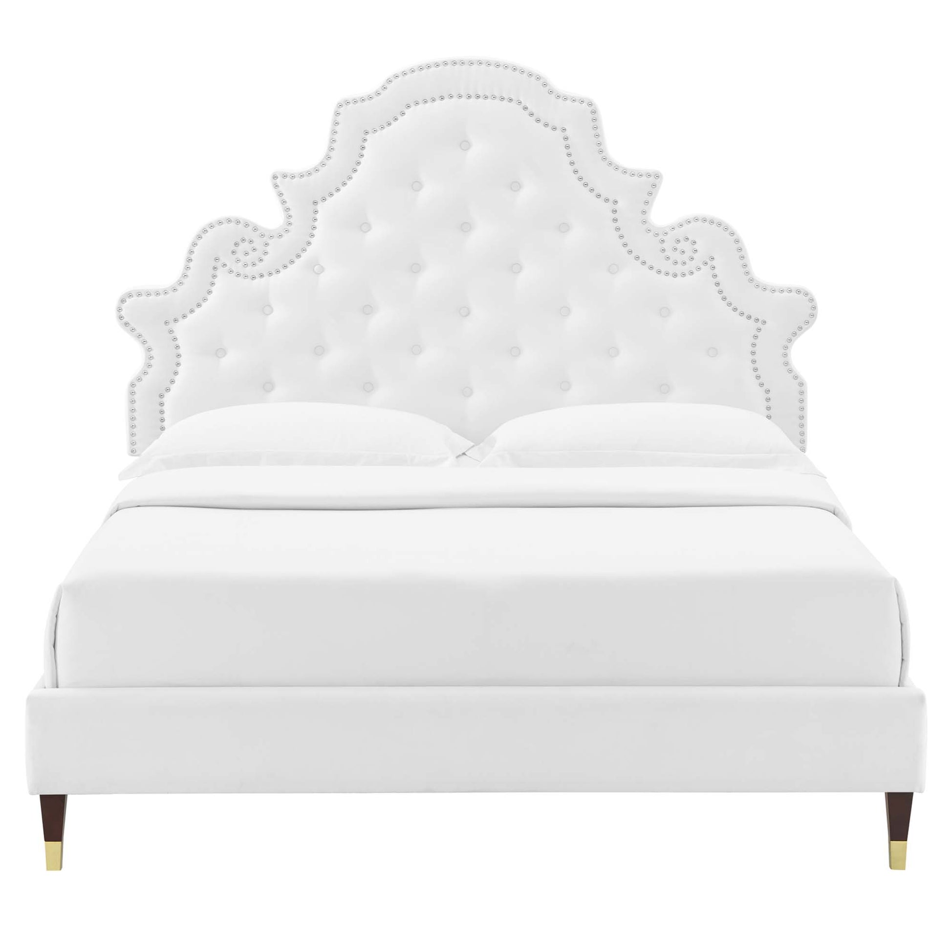 Gwyneth Tufted Performance Velvet Platform Bed With Wood and Gold Legs