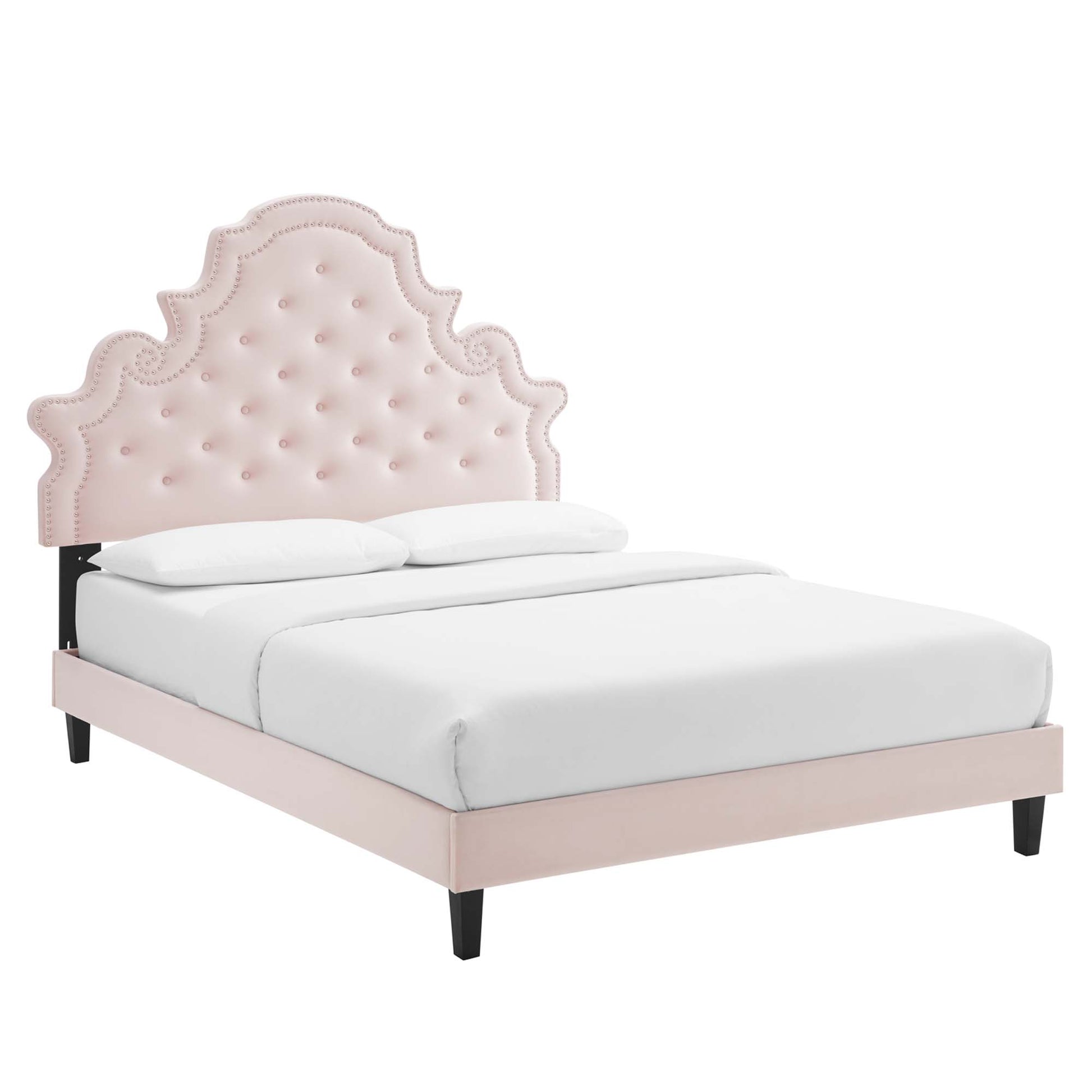 Gwyneth Tufted Performance Velvet Platform Bed With Black Wood Legs - Pink