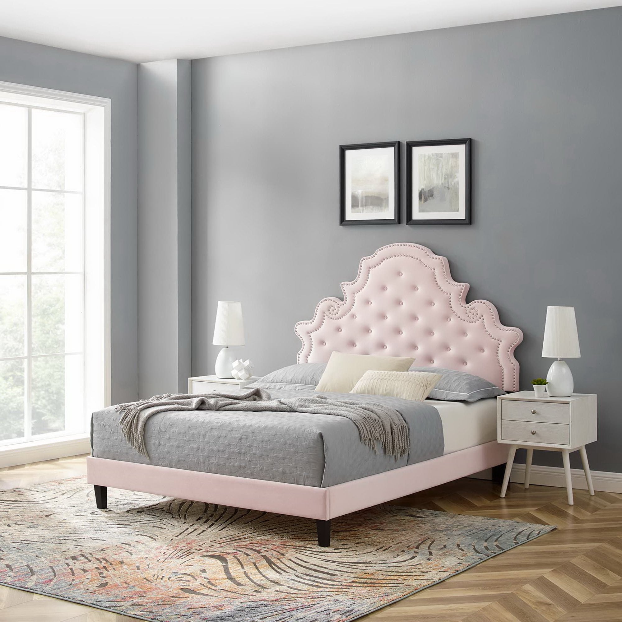 Gwyneth Tufted Performance Velvet Platform Bed With Black Wood Legs