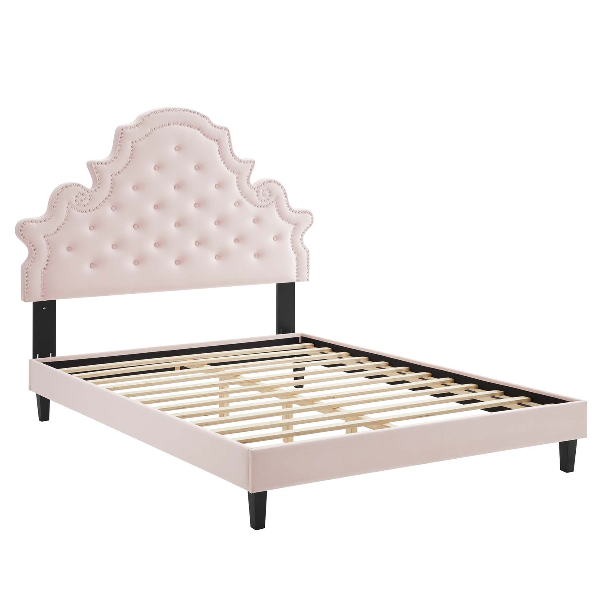 Gwyneth Tufted Performance Velvet Platform Bed With Black Wood Legs
