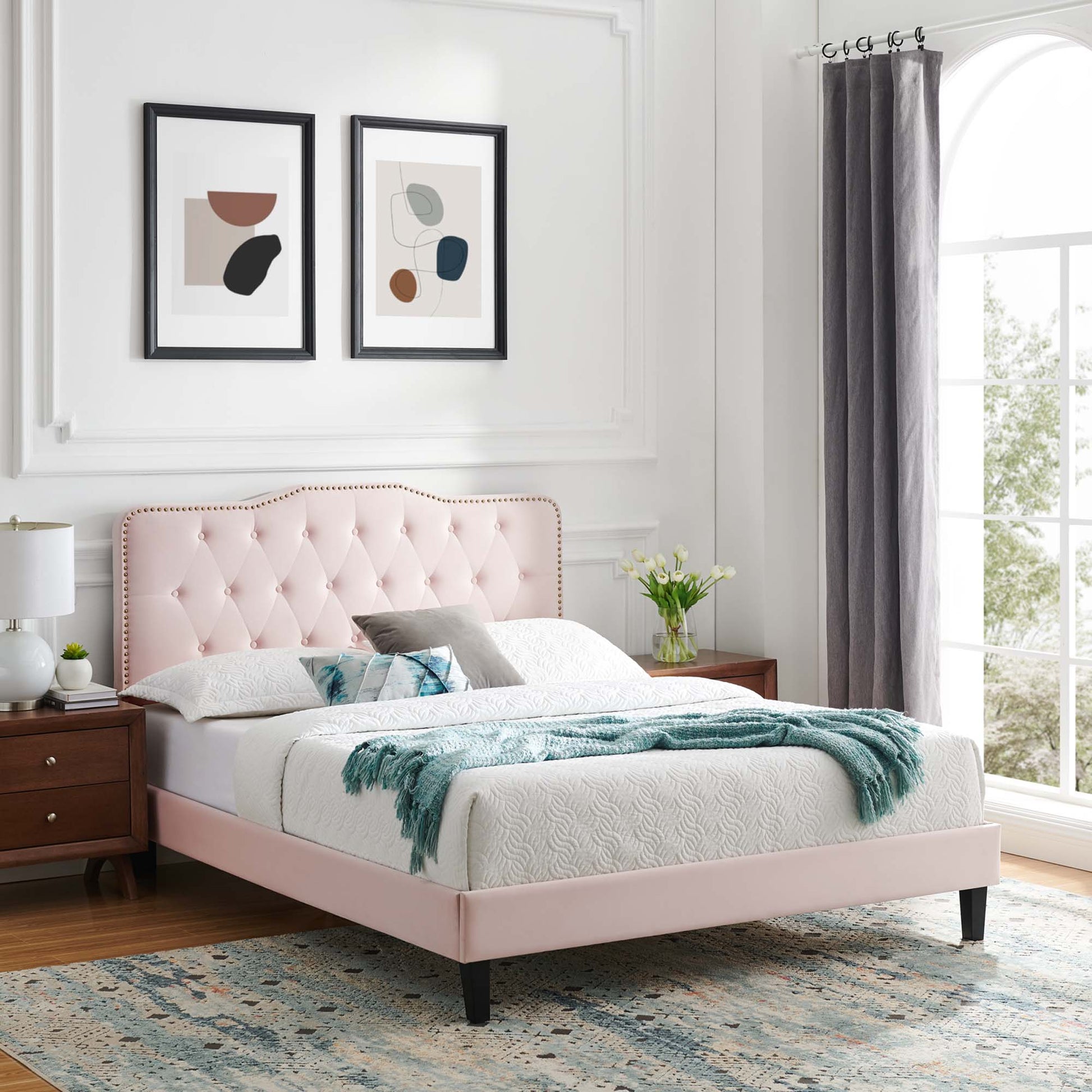 Amber Performance Velvet Platform Bed With Black Wood Legs