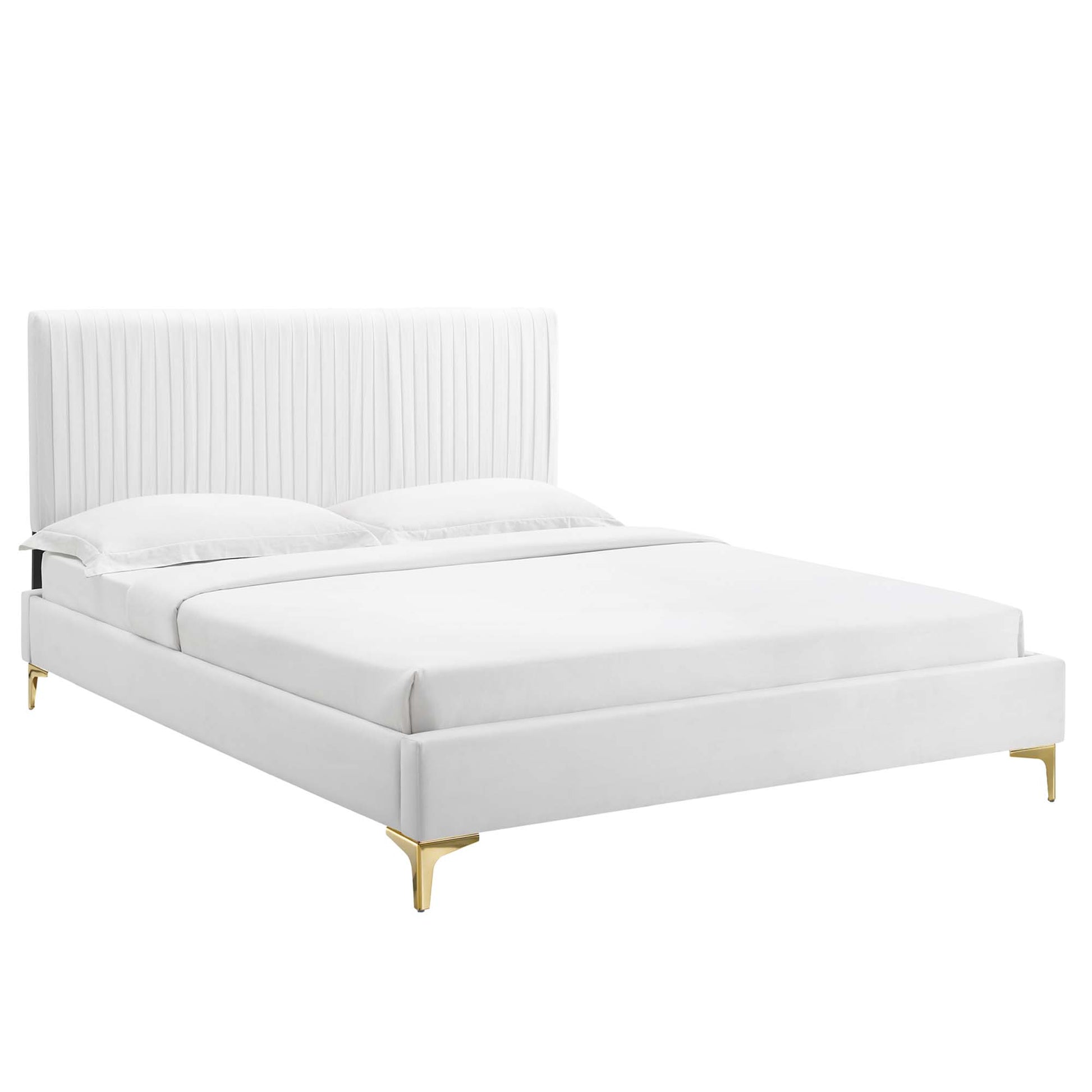 Peyton Performance Velvet Platform Bed With Gold Metal Legs - White