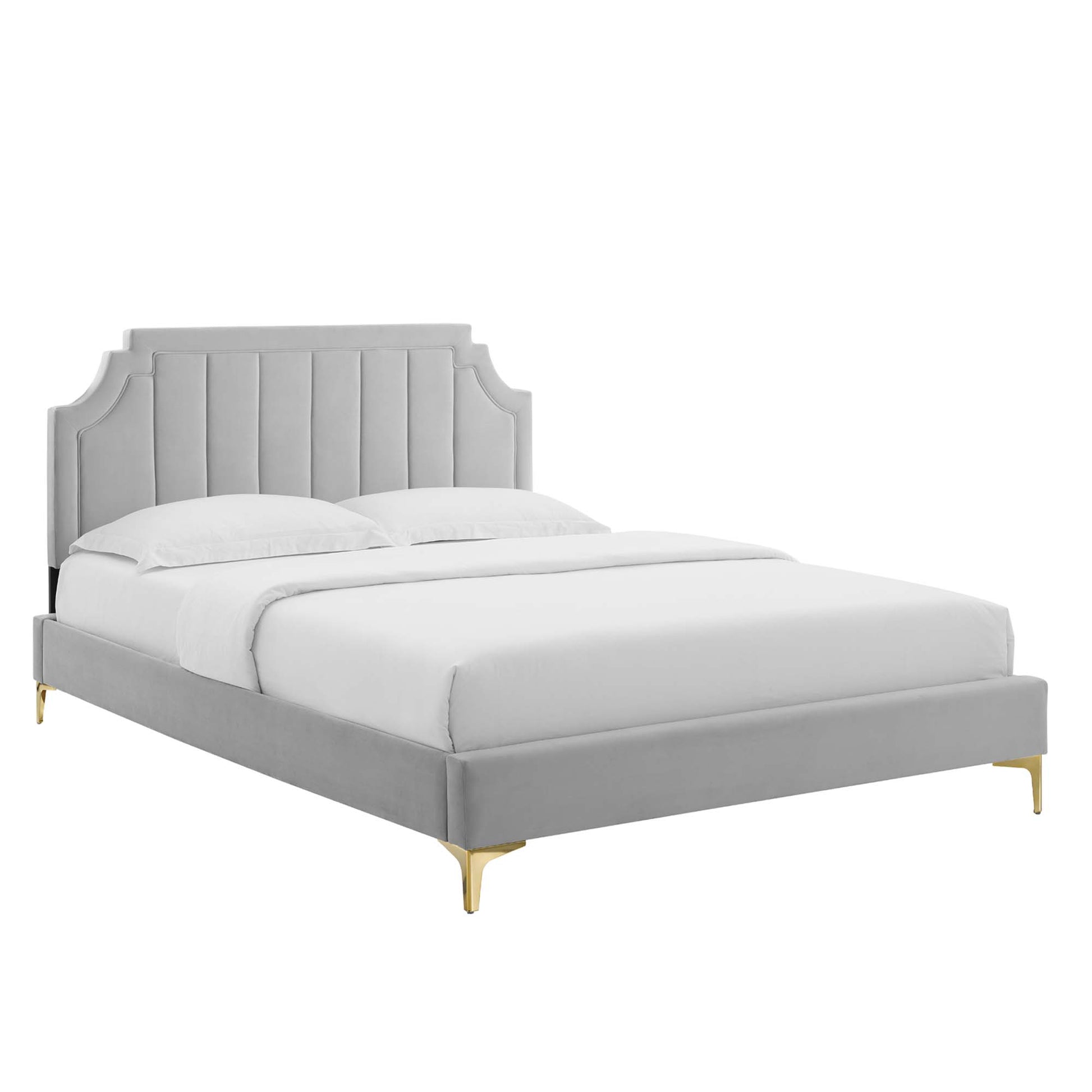 Sienna Performance Velvet Platform Bed With Gold Metal Legs - Light Gray