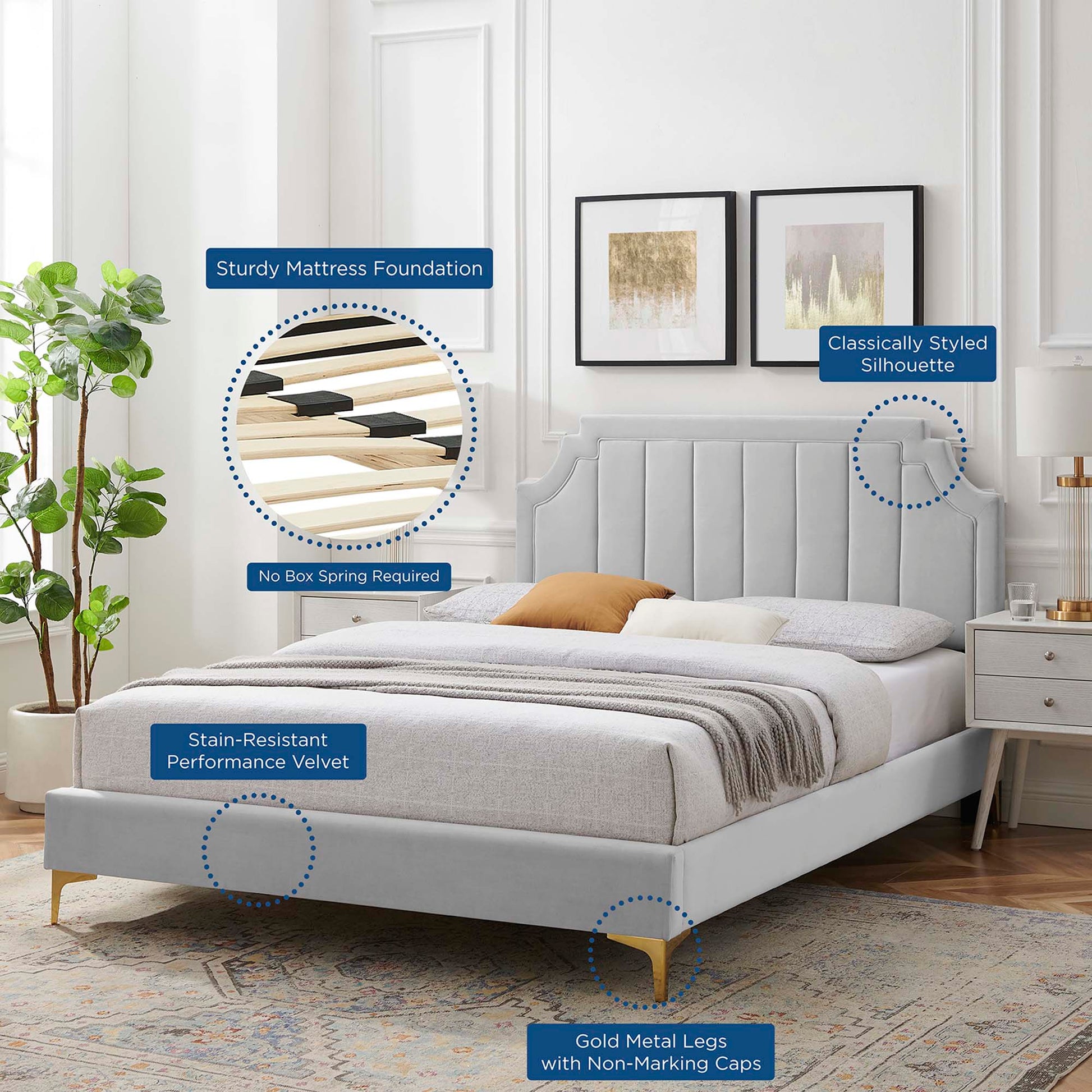 Sienna Performance Velvet Platform Bed With Gold Metal Legs