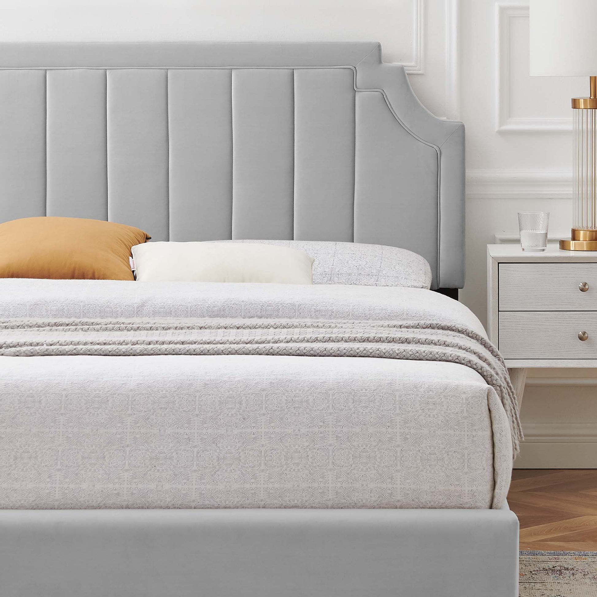 Sienna Performance Velvet Platform Bed With Gold Metal Legs