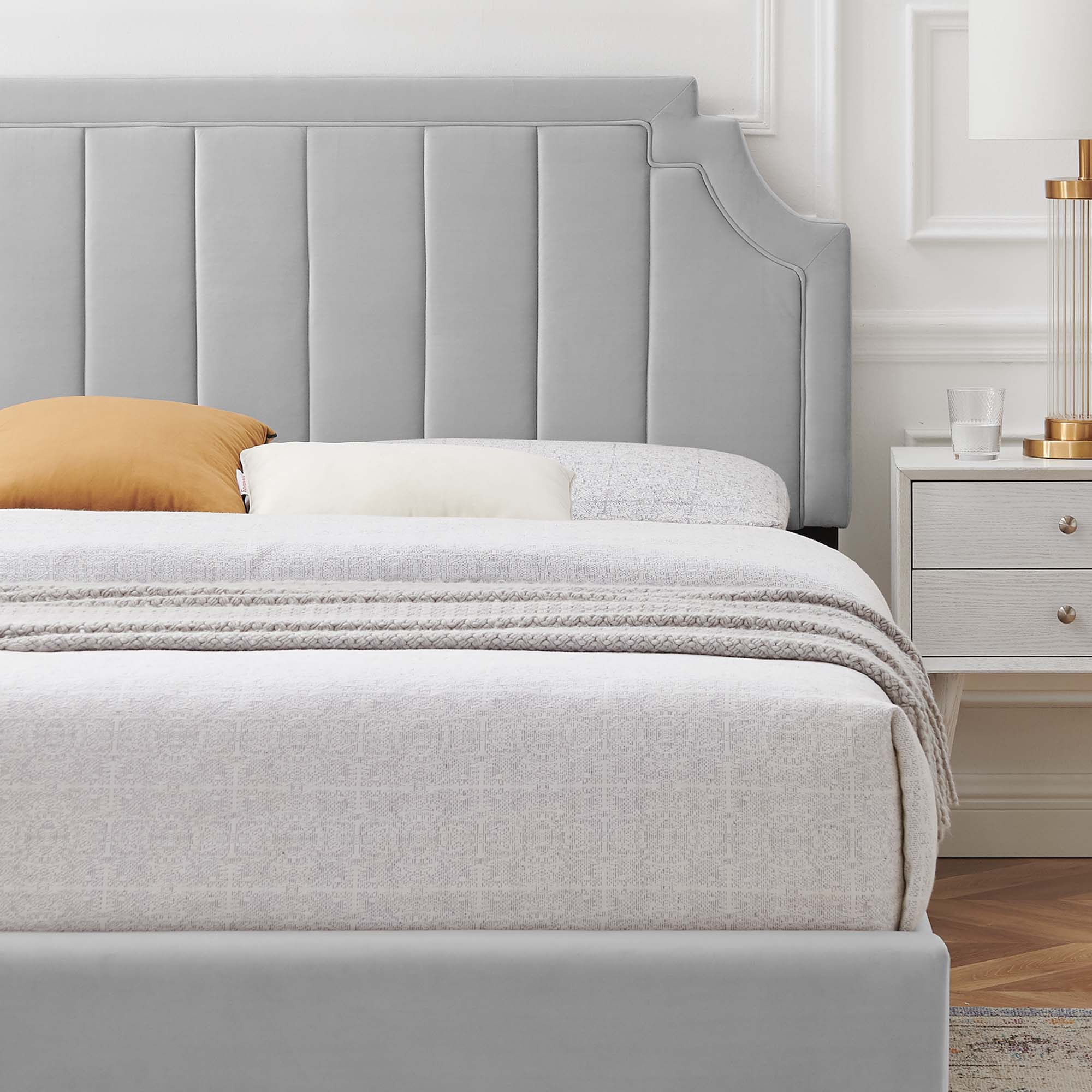 Sienna Performance Velvet Platform Bed With Gold Metal Legs
