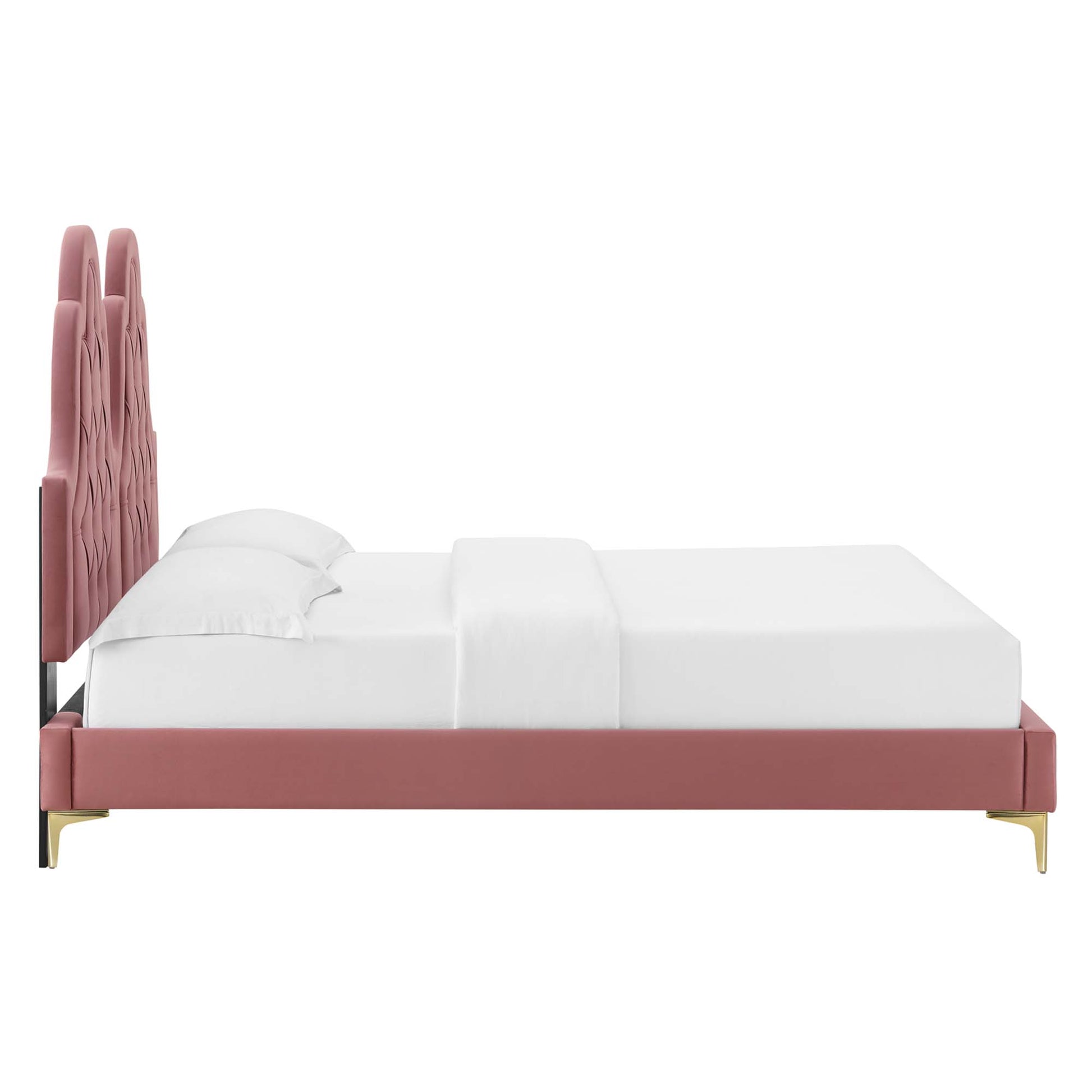 Alexandria Tufted Performance Velvet Platform Bed With Gold Legs - White