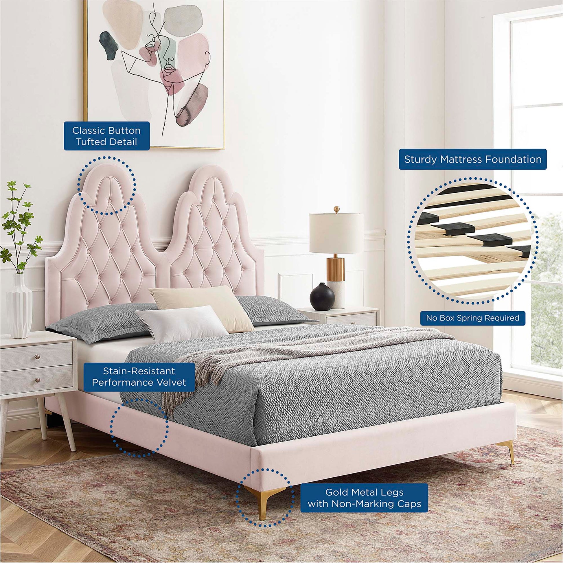Alexandria Tufted Performance Velvet Platform Bed With Gold Legs