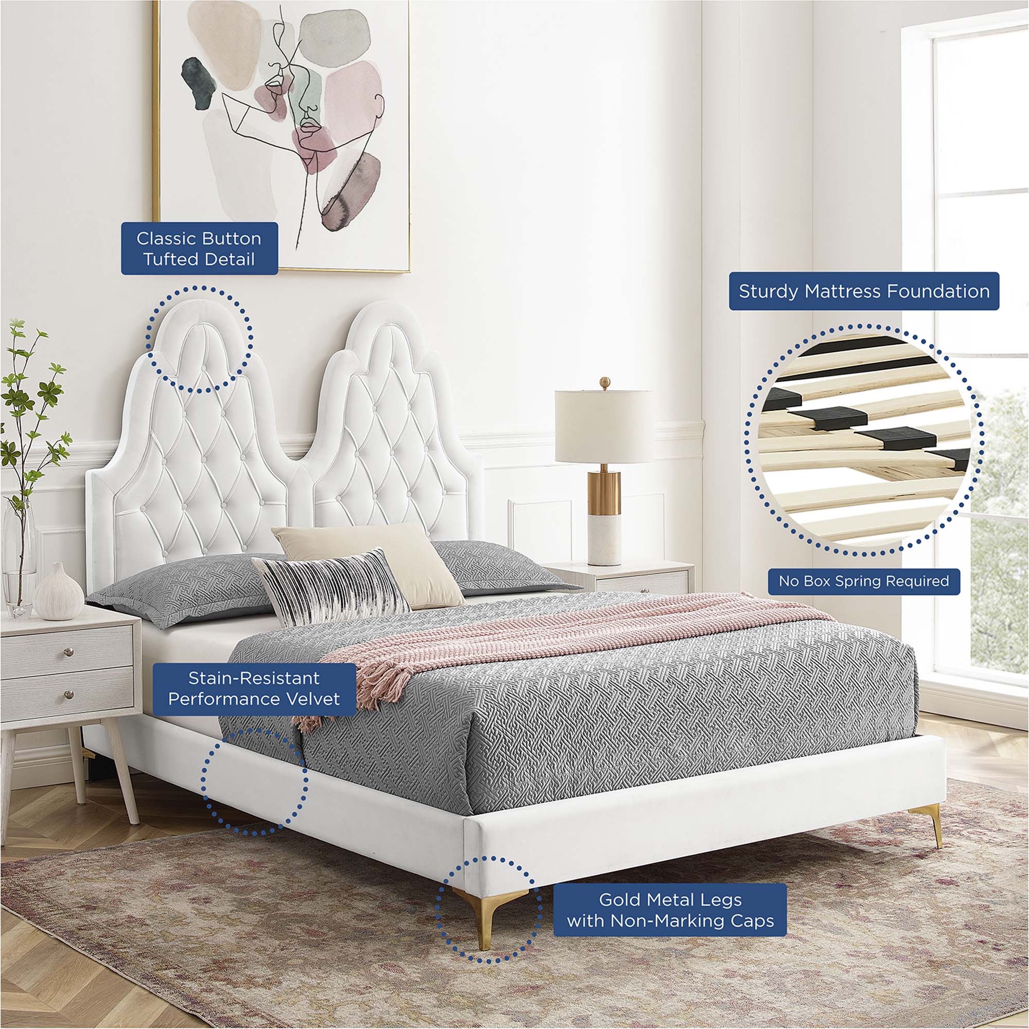 Alexandria Tufted Performance Velvet Platform Bed With Gold Legs