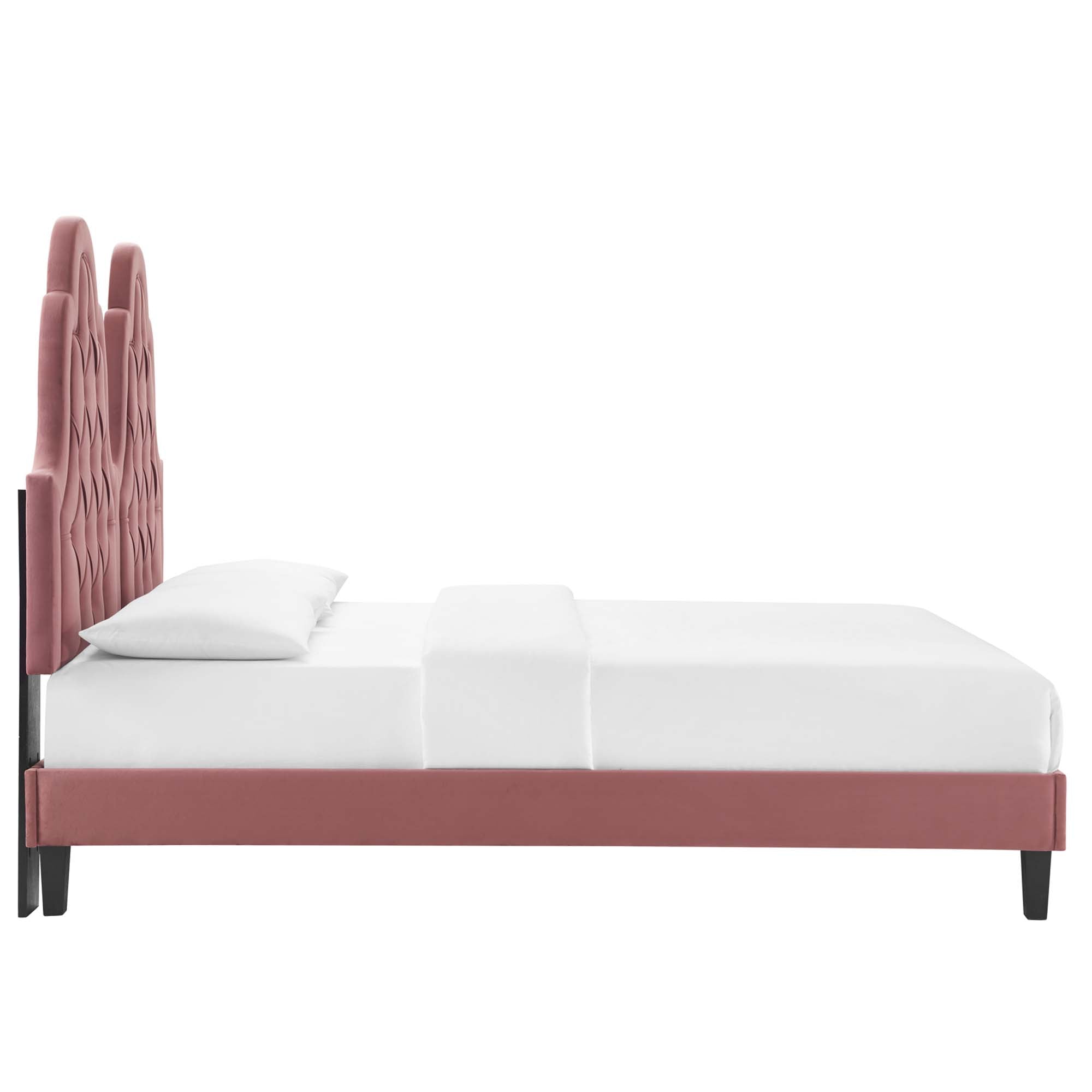 Alexandria Tufted Performance Velvet Platform Bed With Black Wood Legs - White