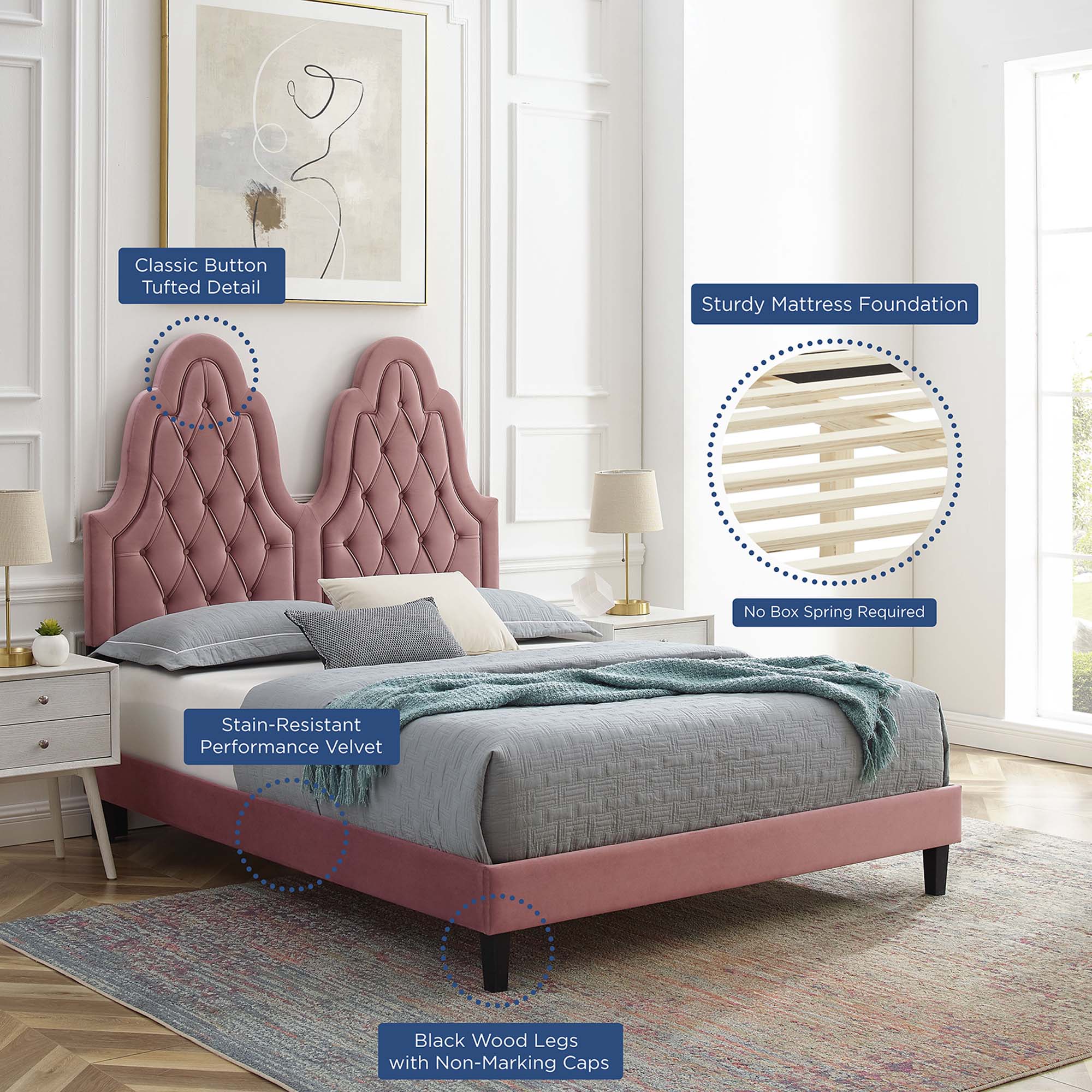 Alexandria Tufted Performance Velvet Platform Bed With Black Wood Legs