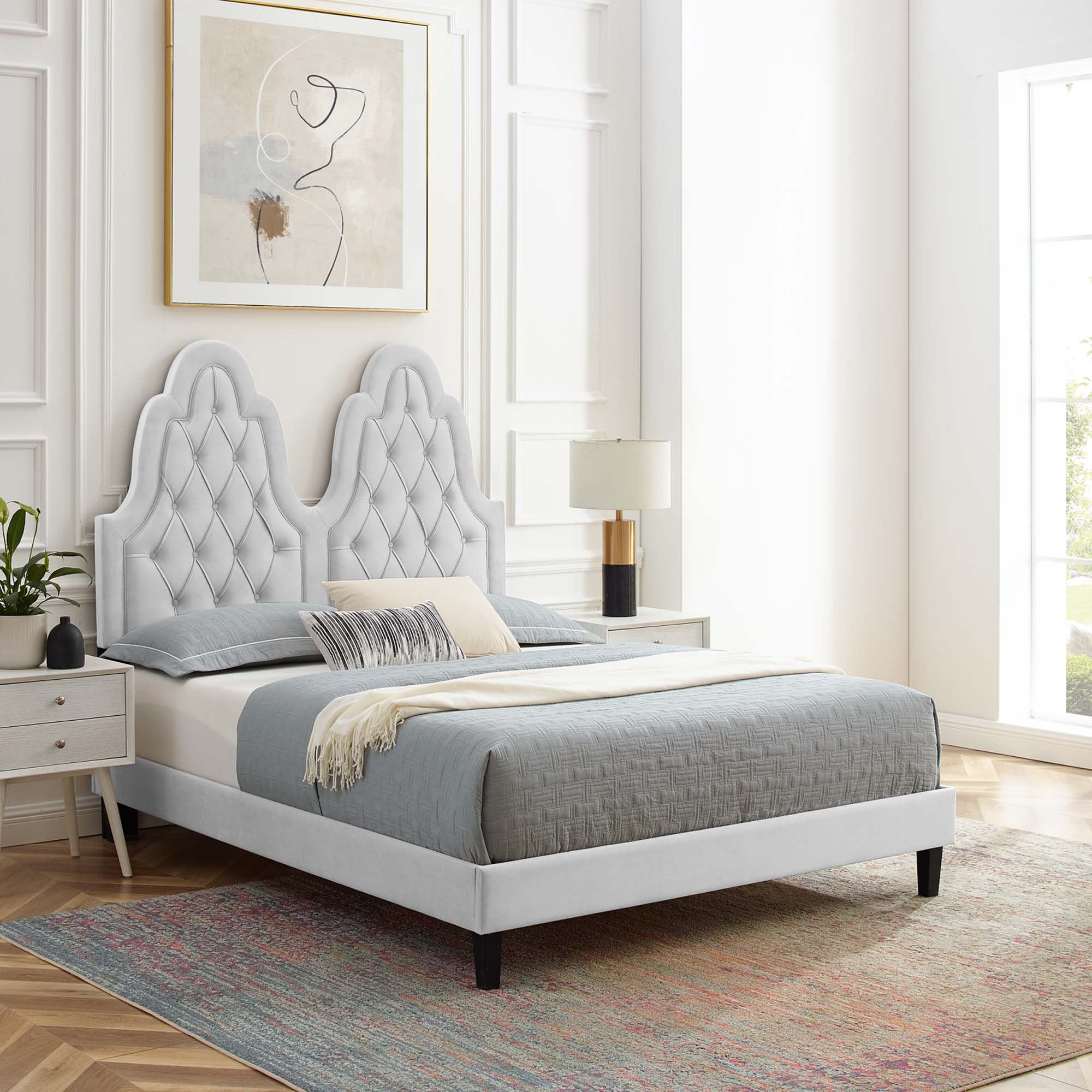 Alexandria Tufted Performance Velvet Platform Bed With Black Wood Legs