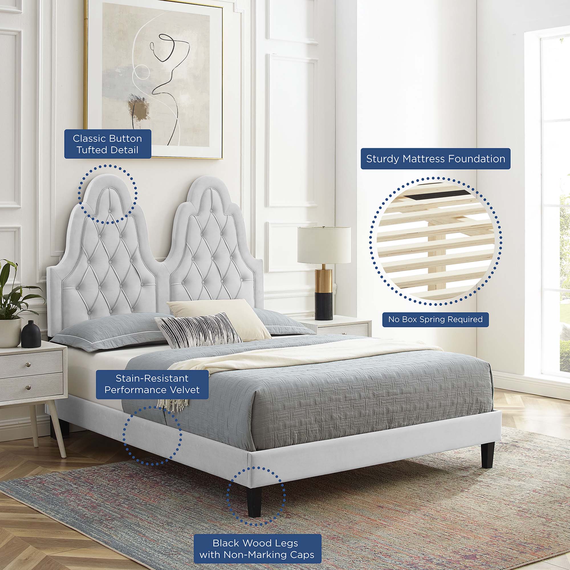 Alexandria Tufted Performance Velvet Platform Bed With Black Wood Legs