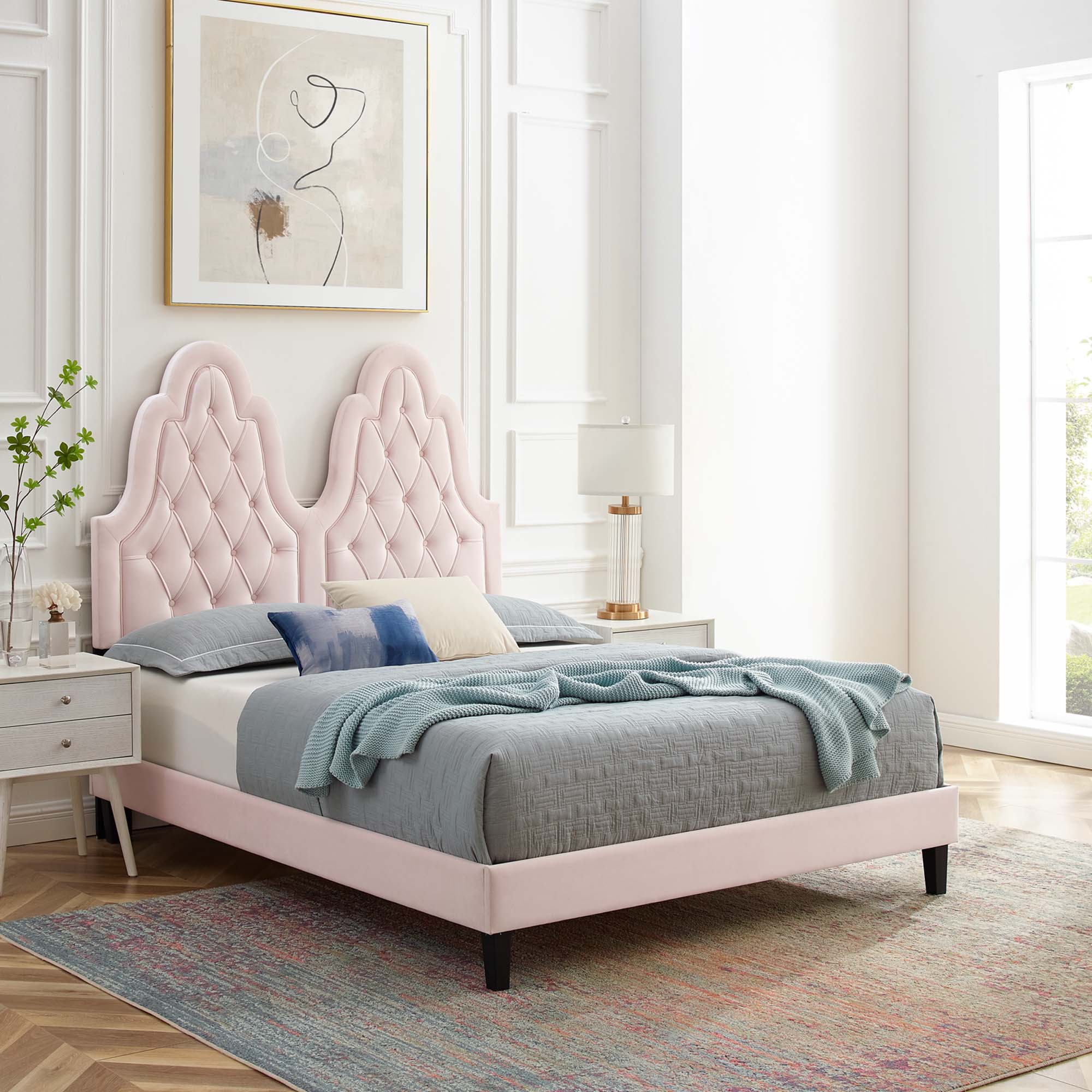 Alexandria Tufted Performance Velvet Platform Bed With Black Wood Legs