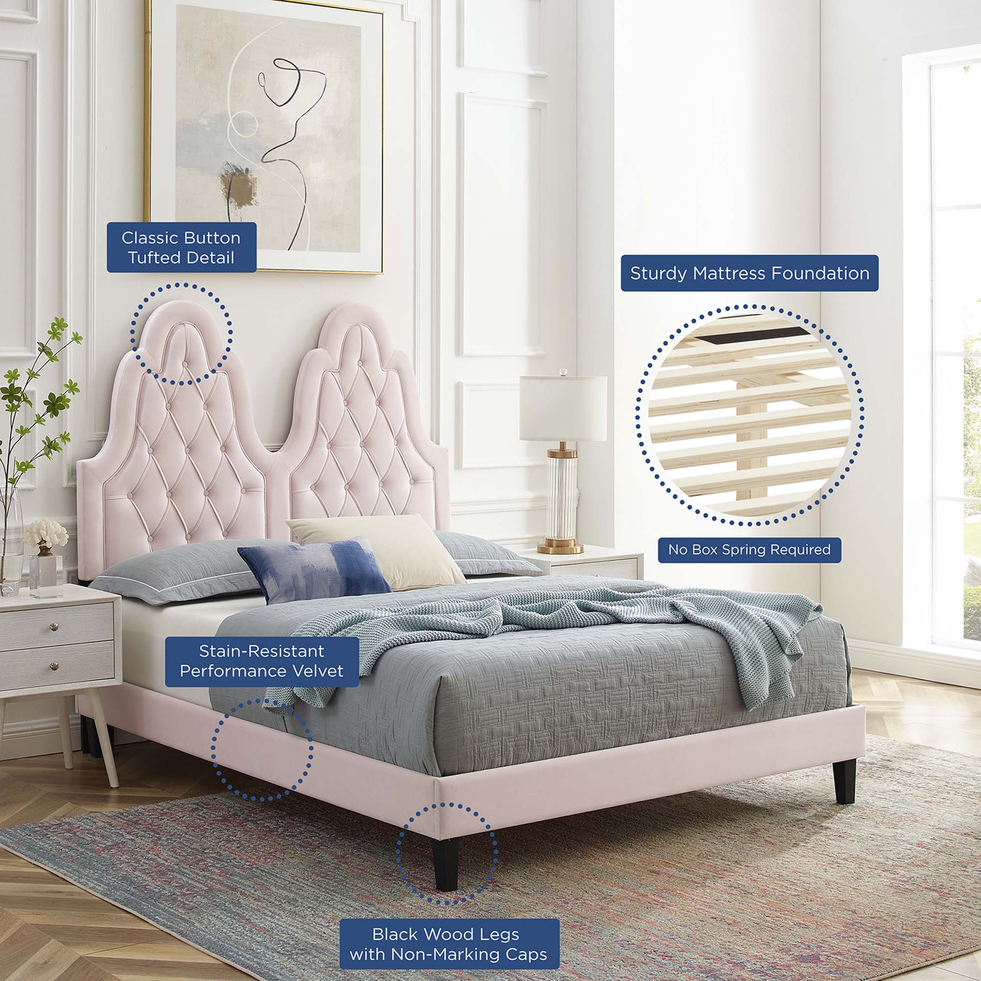 Alexandria Tufted Performance Velvet Platform Bed With Black Wood Legs