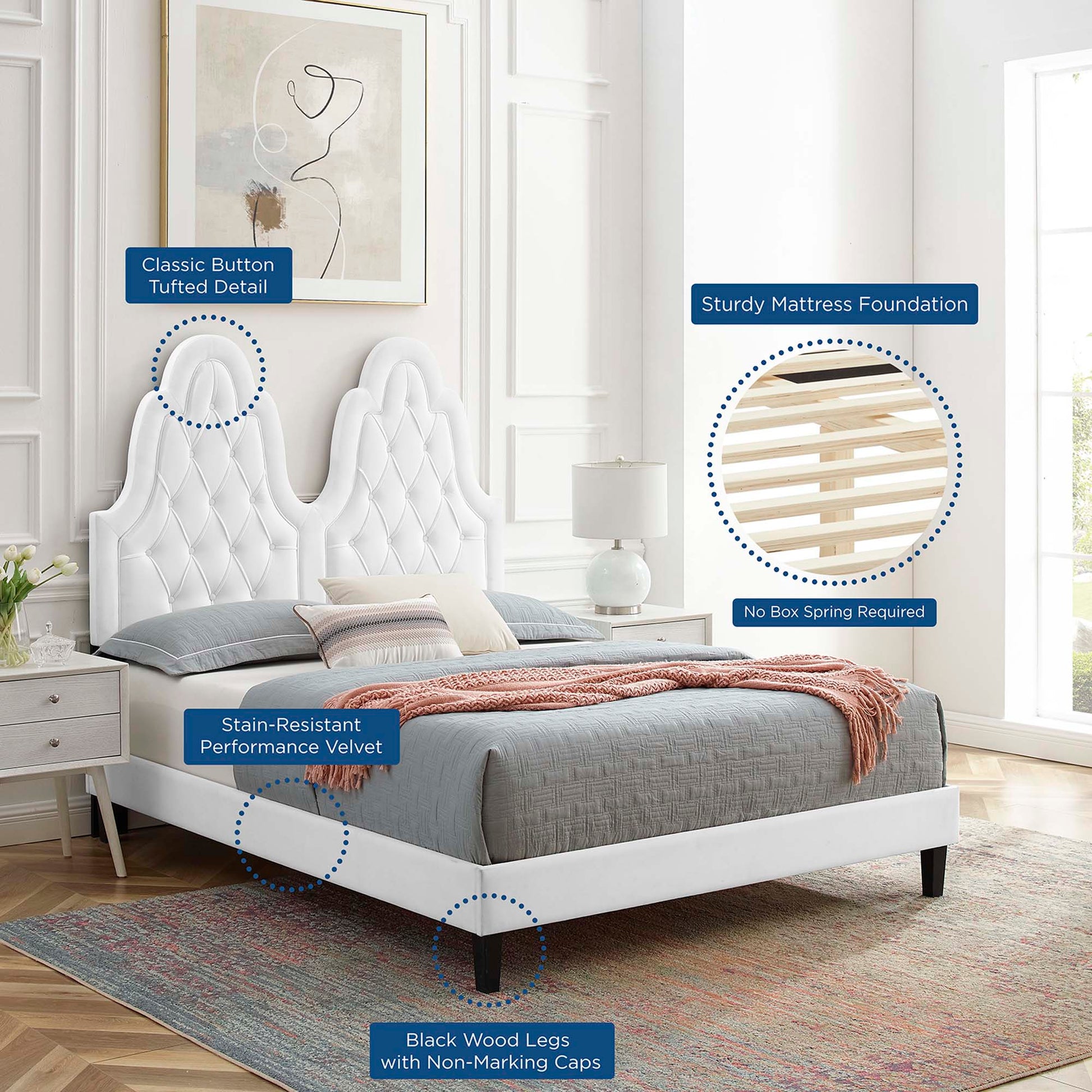 Alexandria Tufted Performance Velvet Platform Bed With Black Wood Legs
