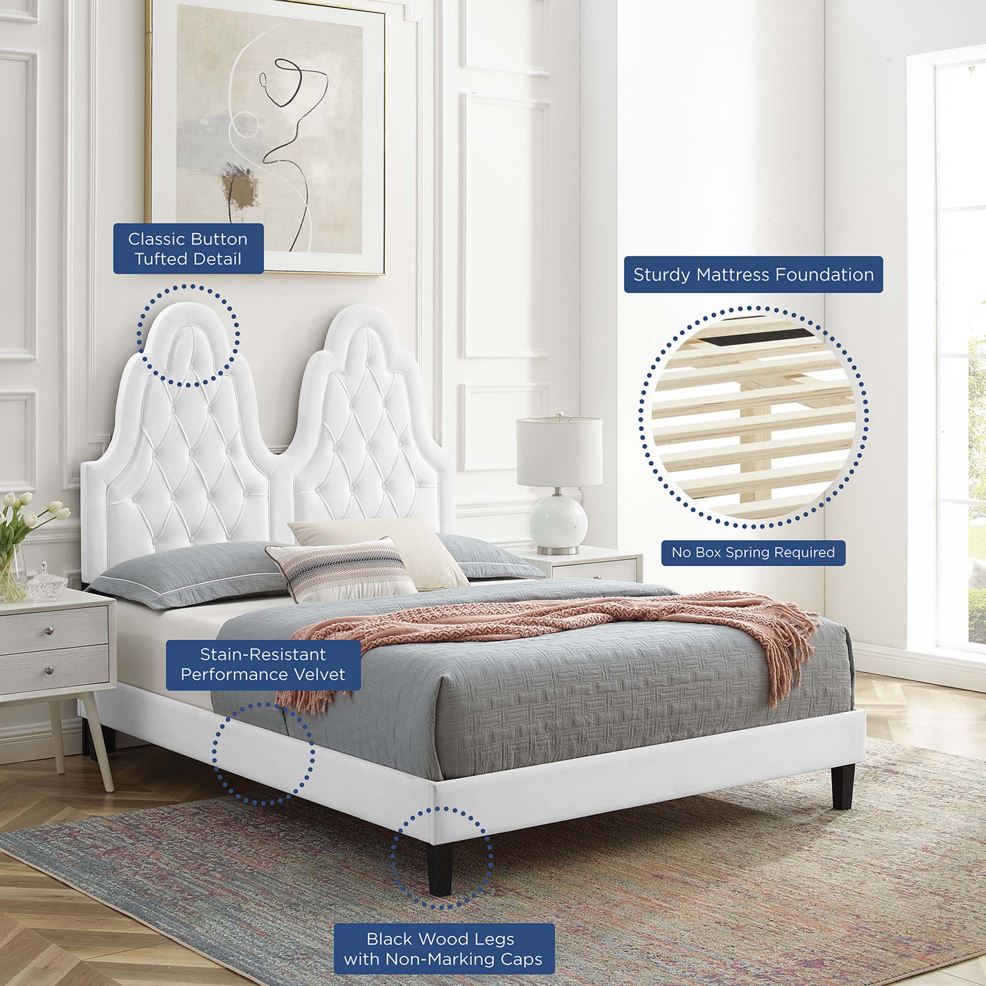 Alexandria Tufted Performance Velvet Platform Bed With Black Wood Legs