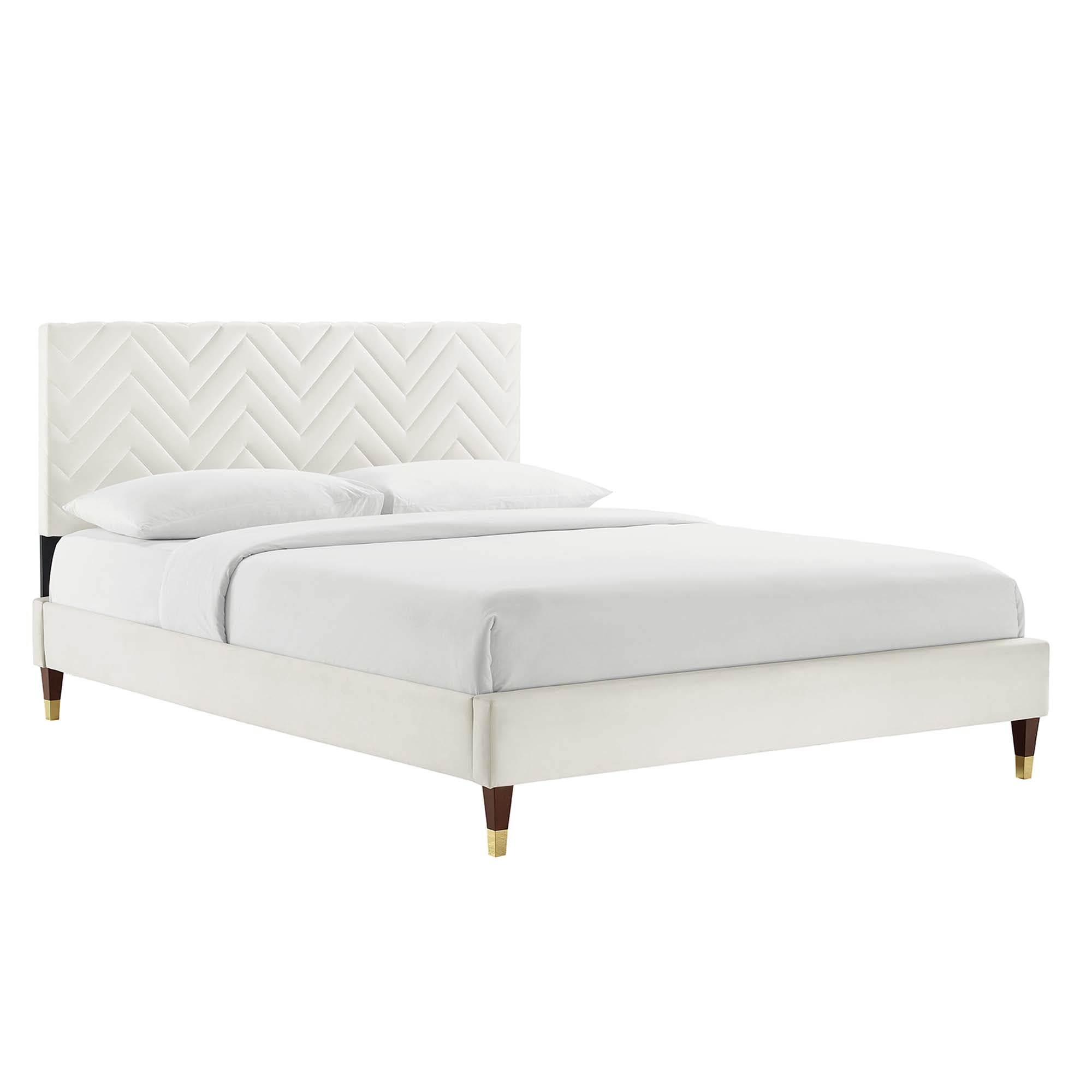 Leah Chevron Tufted Performance Velvet Platform Bed With Wood and Gold Legs - White