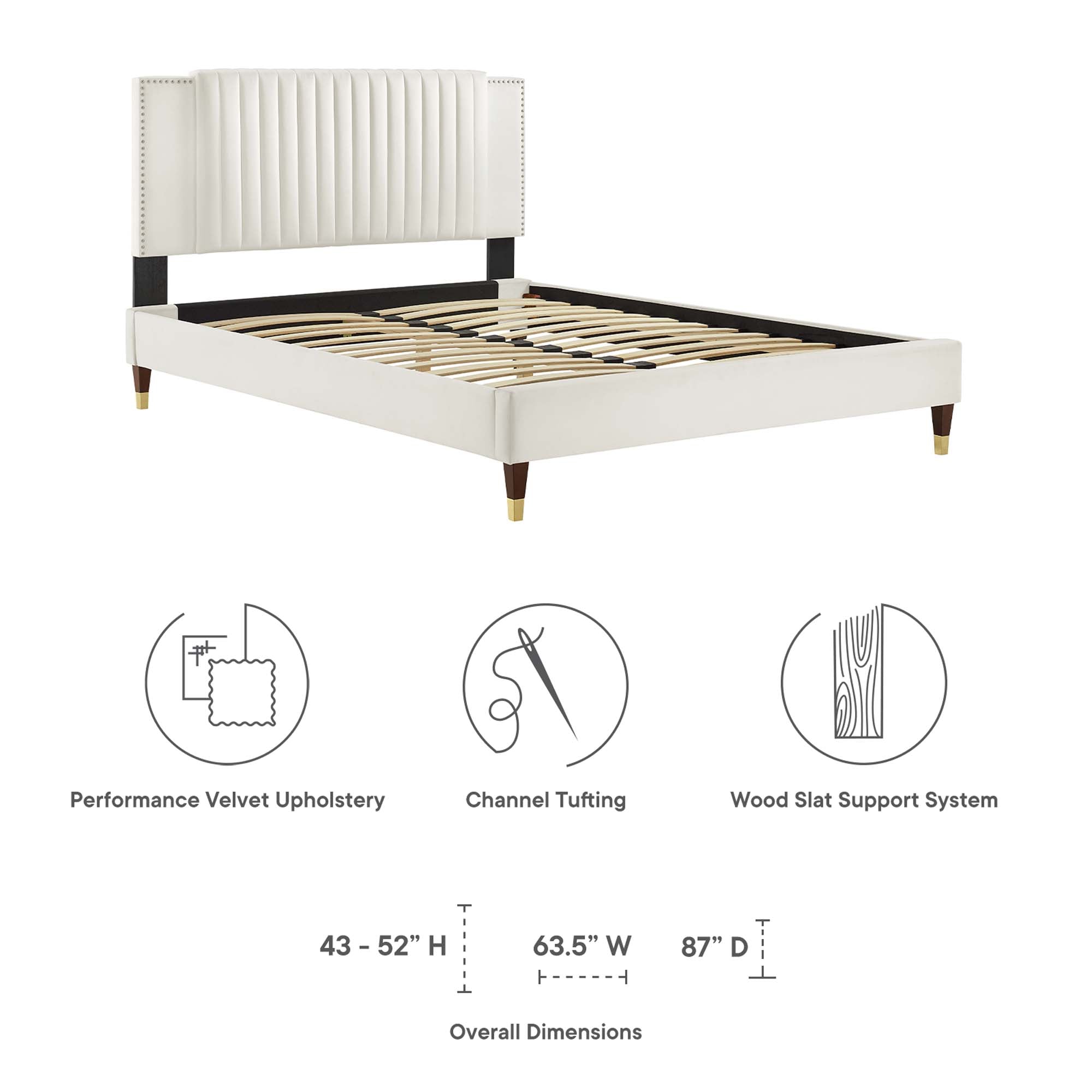 Zahra Channel Tufted Performance Velvet Platform Bed With Wood and Gold Legs