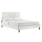 Sofia Channel Tufted Performance Velvet Platform Bed With Wood and Gold Legs - White