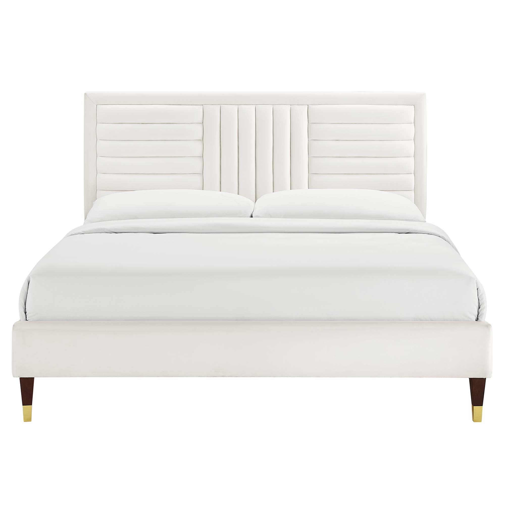 Sofia Channel Tufted Performance Velvet Platform Bed With Wood and Gold Legs