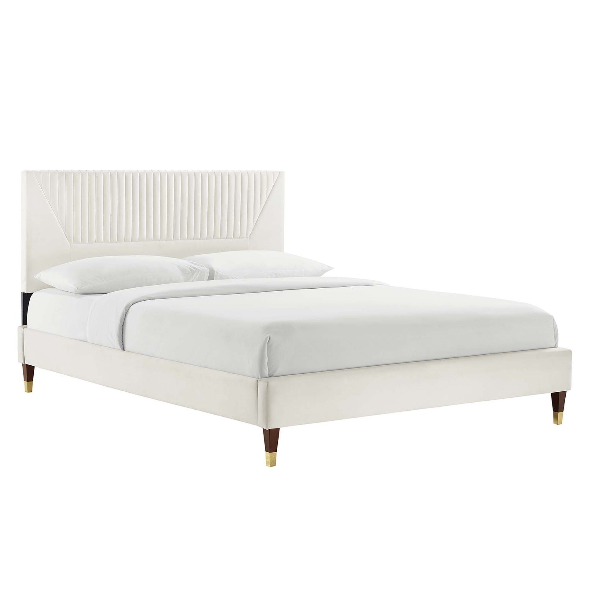 Yasmine Channel Tufted Performance Velvet Platform Bed With Wood and Gold Legs - White