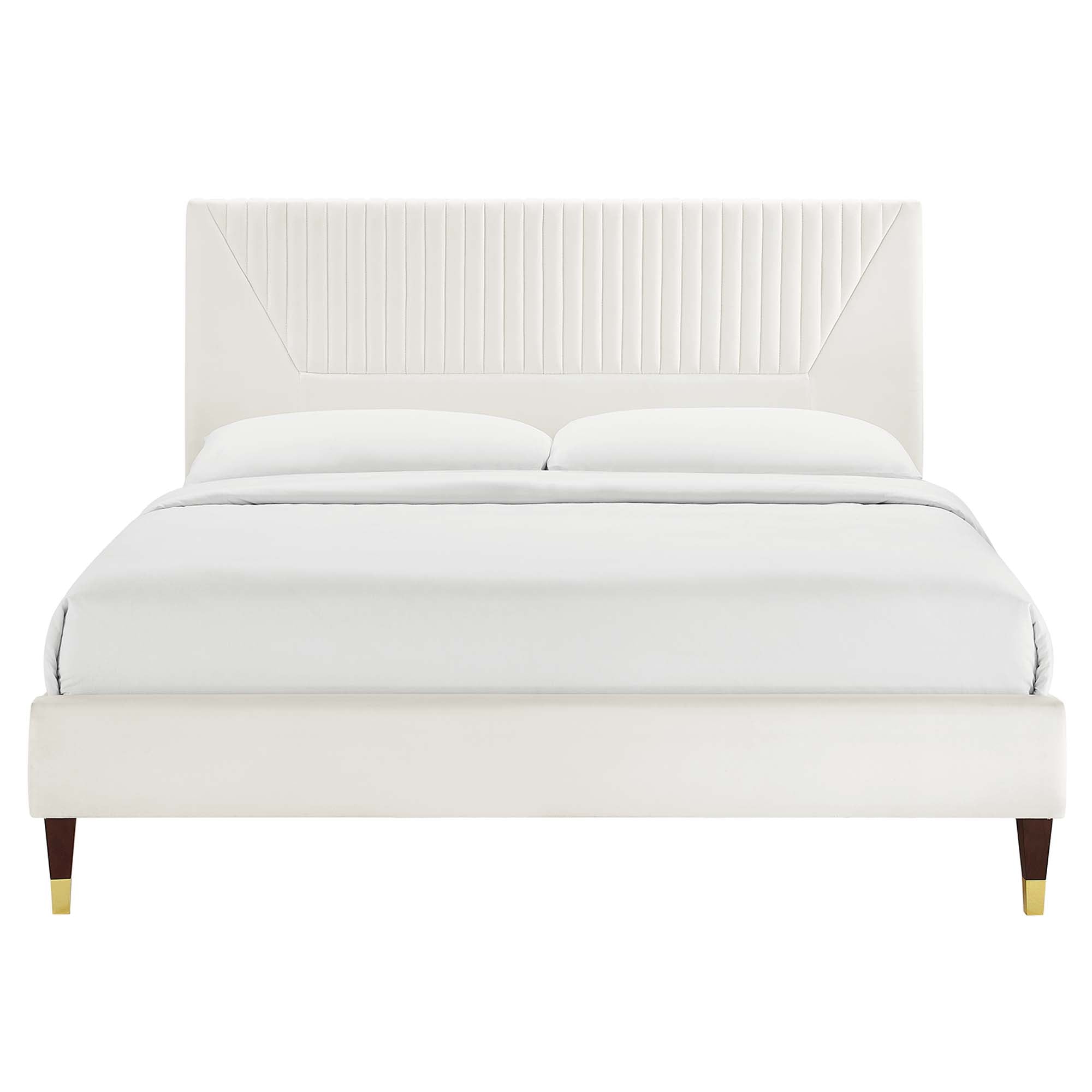 Yasmine Channel Tufted Performance Velvet Platform Bed With Wood and Gold Legs