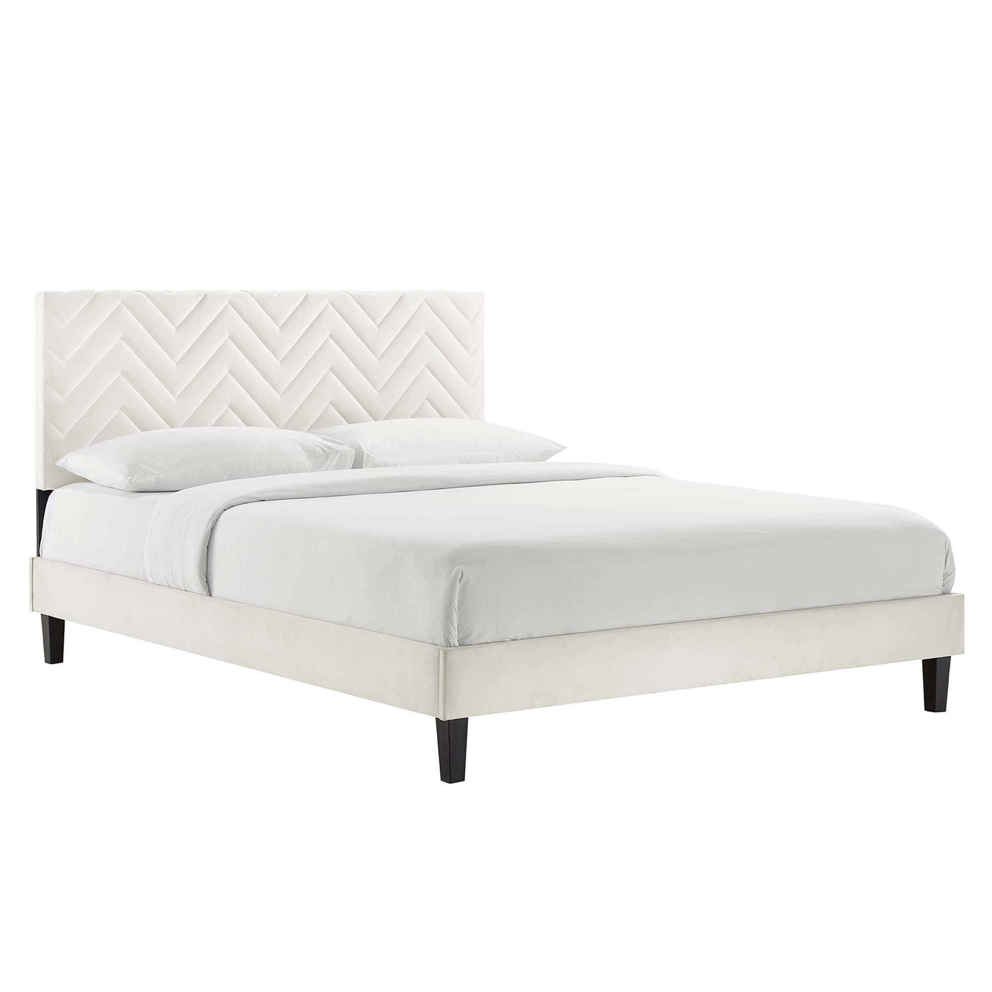 Leah Chevron Tufted Performance Velvet Platform Bed With Black Wood Legs - White