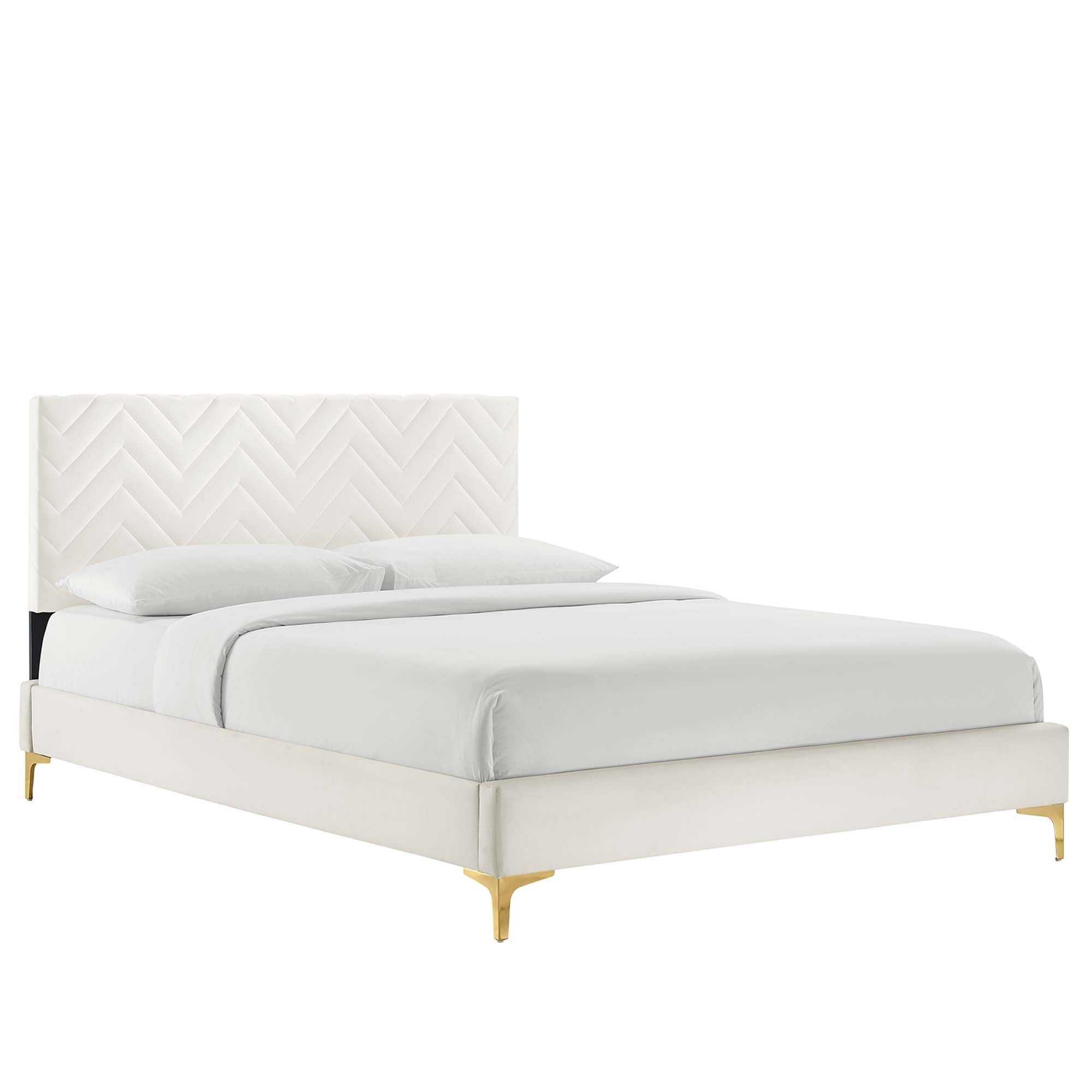 Leah Chevron Tufted Performance Velvet Platform Bed With Gold Metal Legs - White