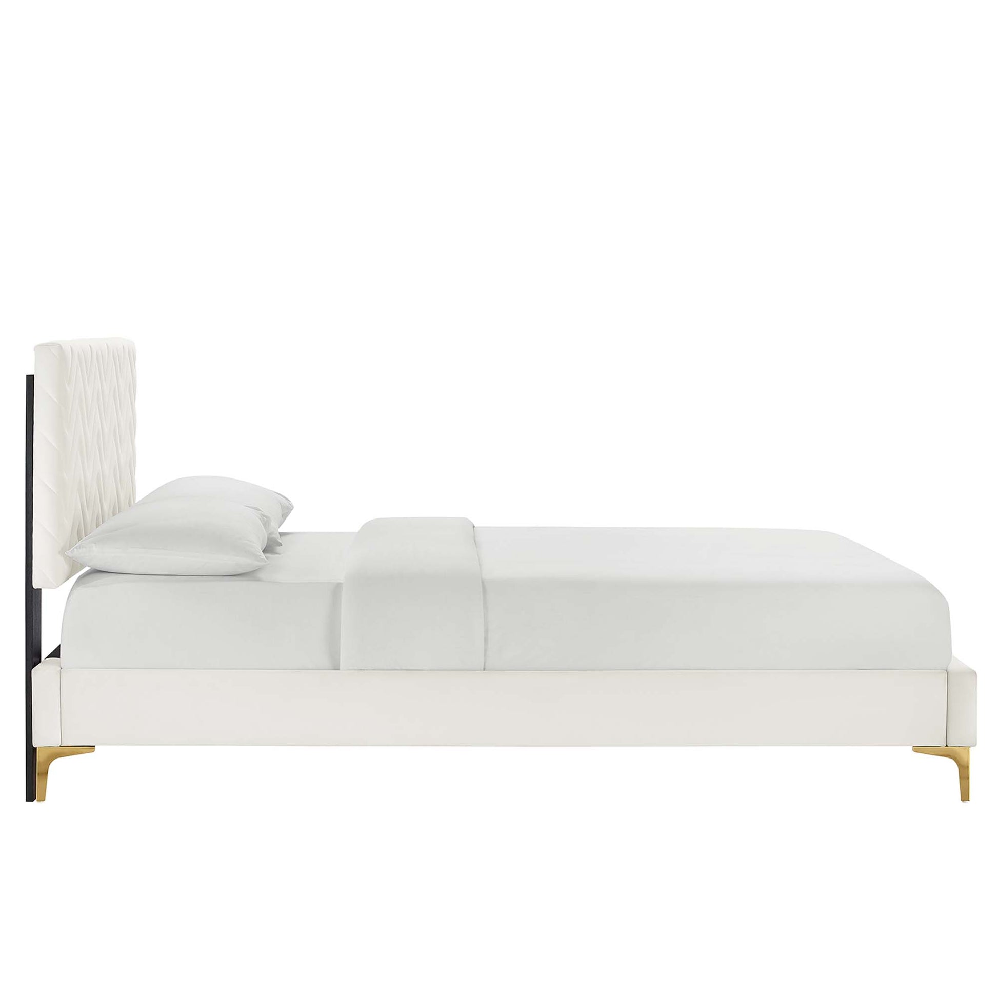 Leah Chevron Tufted Performance Velvet Platform Bed With Gold Metal Legs