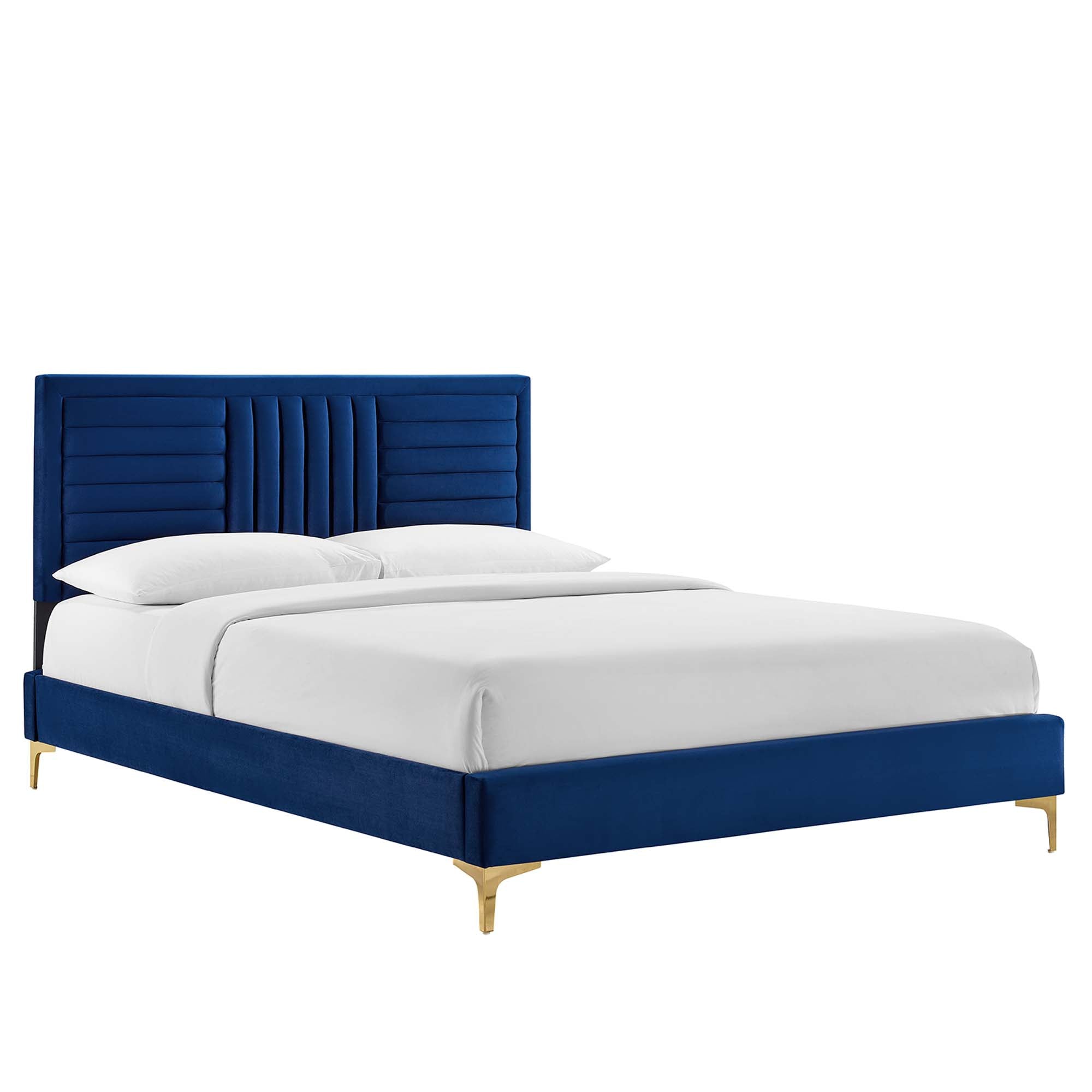 Sofia Channel Tufted Performance Velvet Platform Bed With Gold Metal Legs - Navy