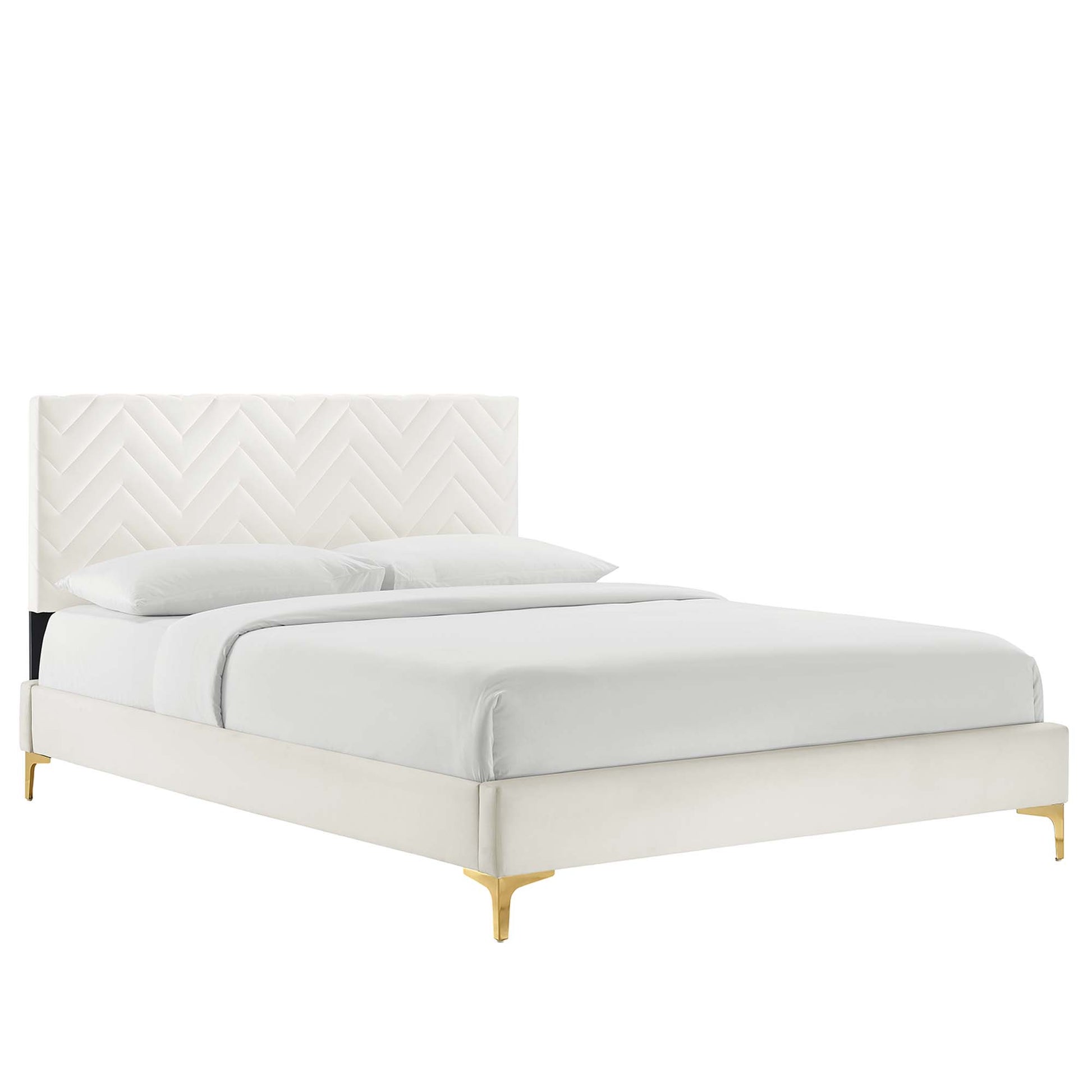 Leah Chevron Tufted Performance Velvet Twin Platform Bed - White