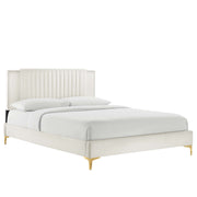 Zahra Channel Tufted Performance Velvet Platform Bed With Gold Metal Legs - White