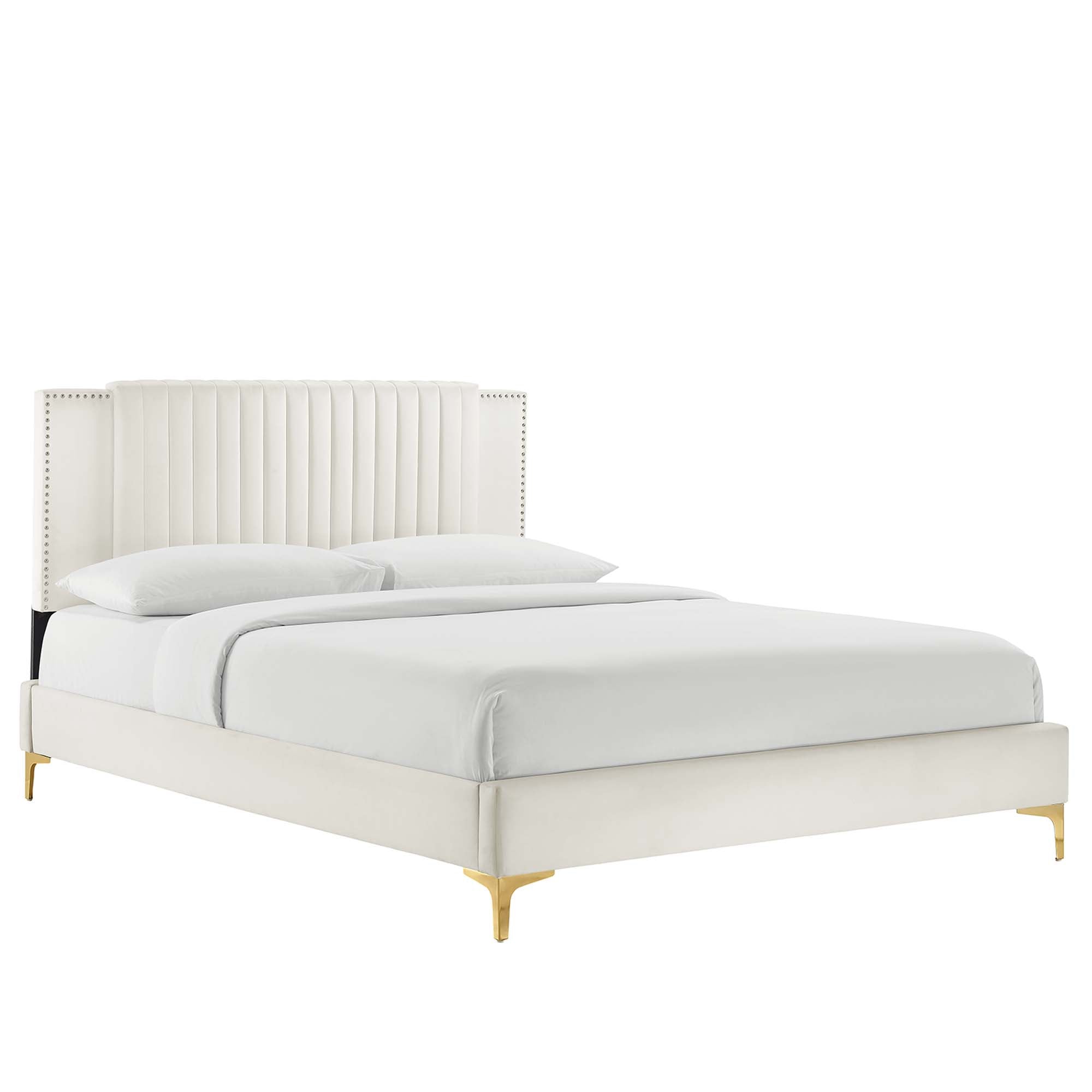 Zahra Channel Tufted Performance Velvet Platform Bed With Gold Metal Legs - White