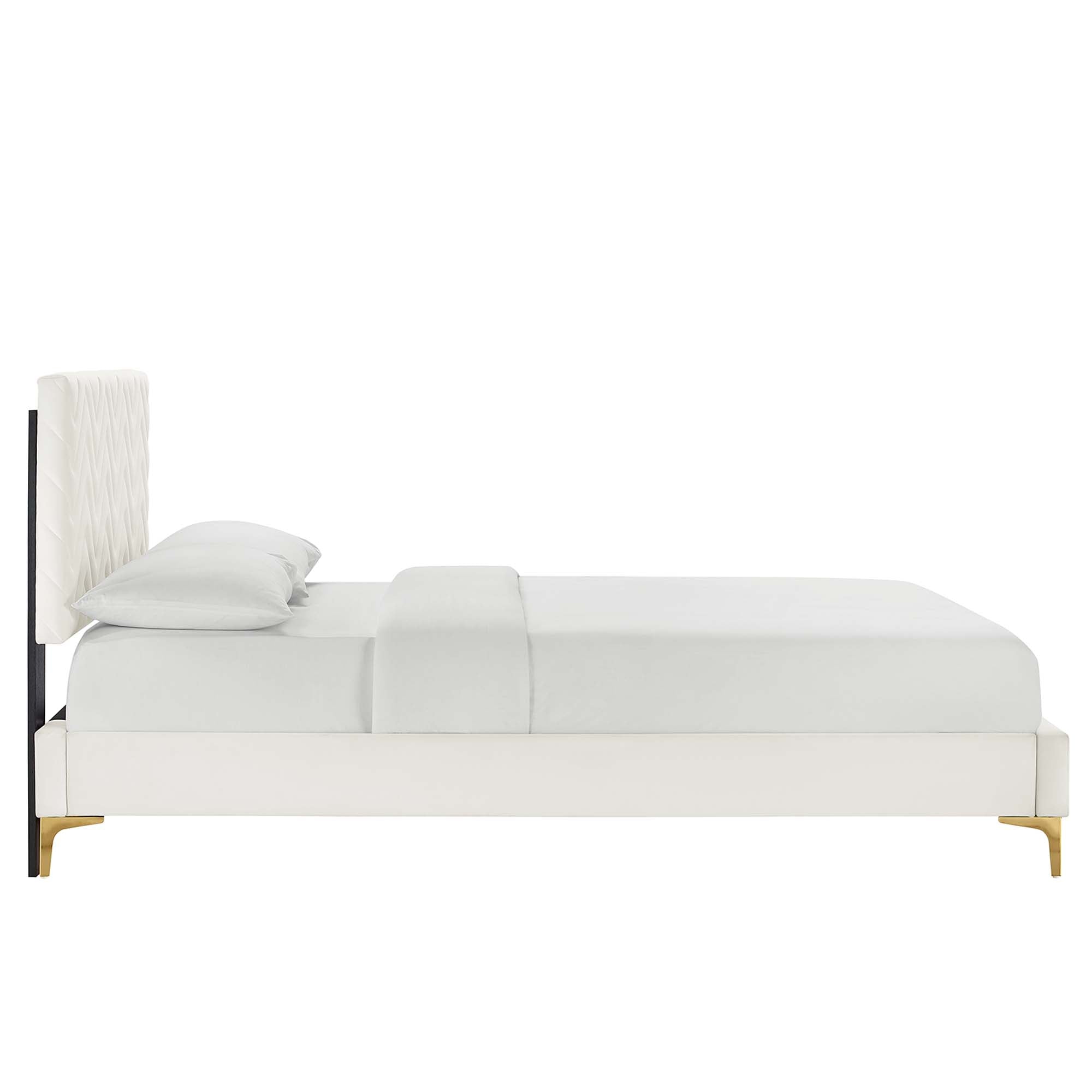 Leah Chevron Tufted Performance Velvet Platform Bed With Gold Metal Legs