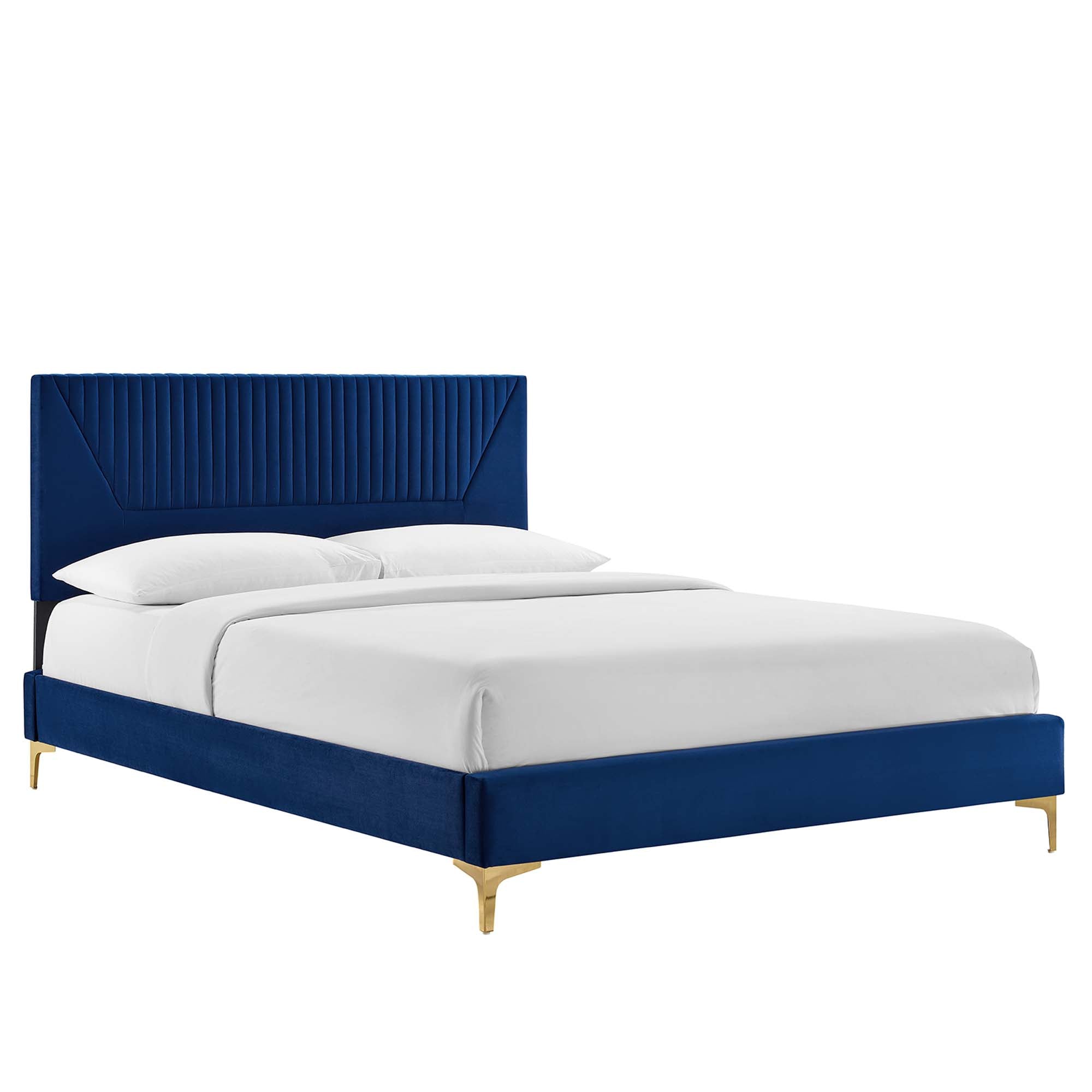 Yasmine Channel Tufted Performance Velvet Platform Bed With Gold Metal Legs - Navy