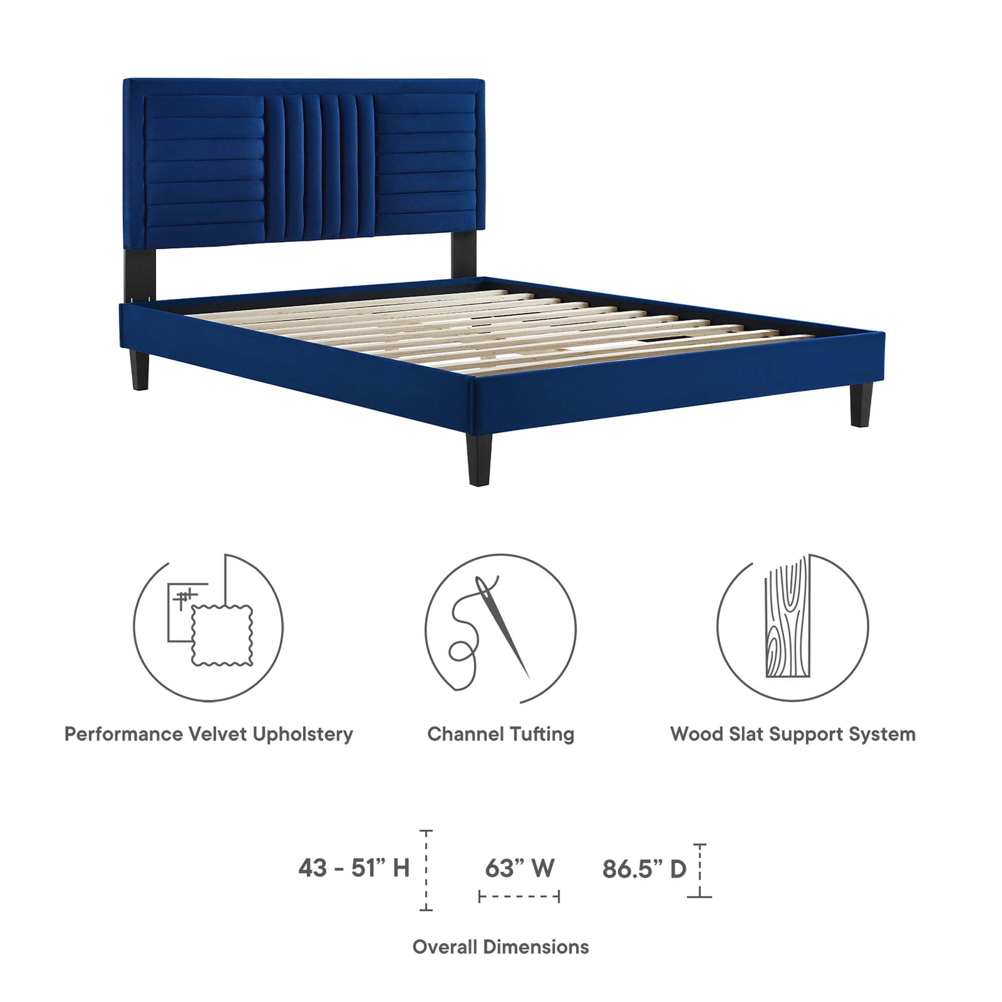 Sofia Tapered Wood Leg Channel Tufted Performance Velvet Full Platform Bed - White
