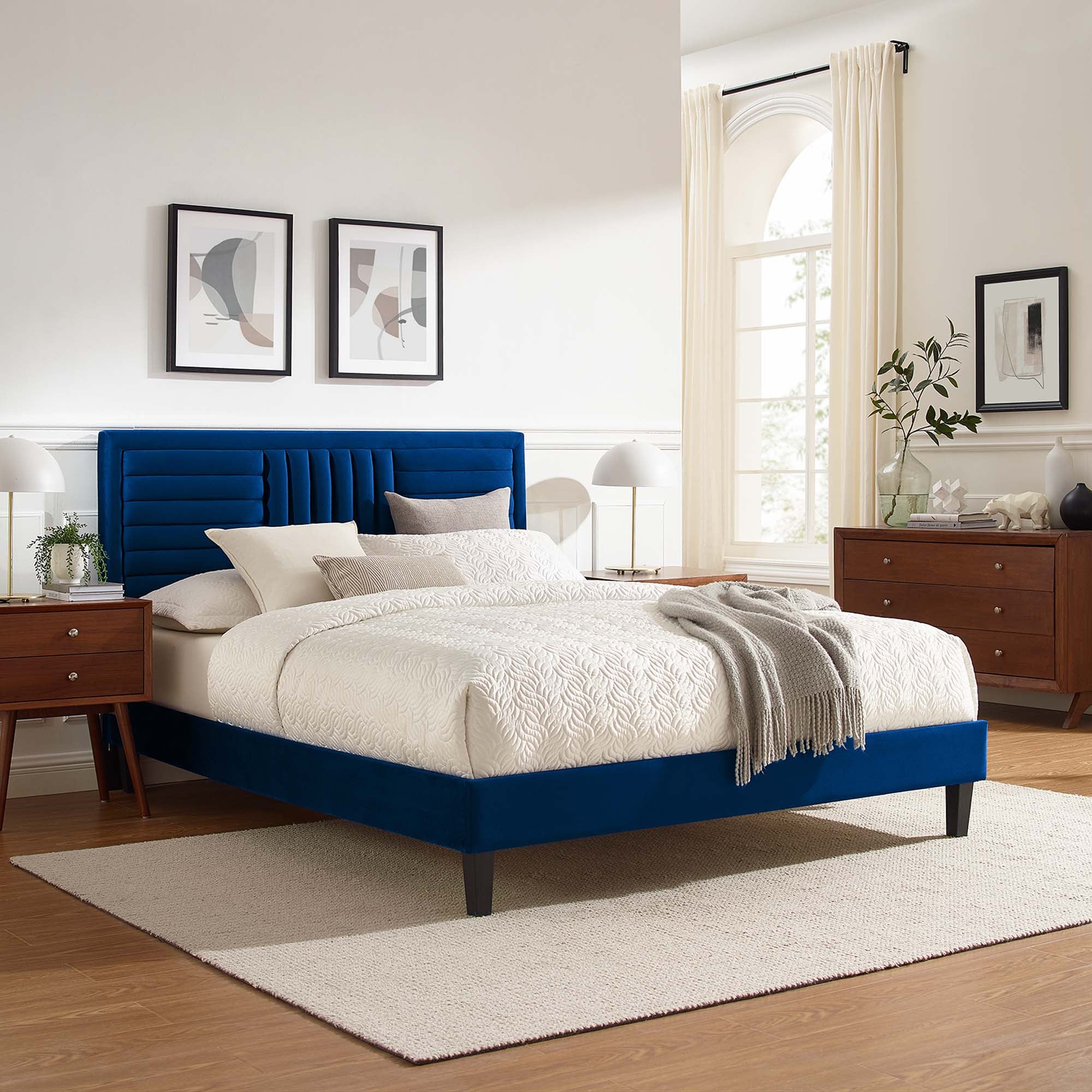 Sofia Tapered Wood Leg Channel Tufted Performance Velvet Full Platform Bed