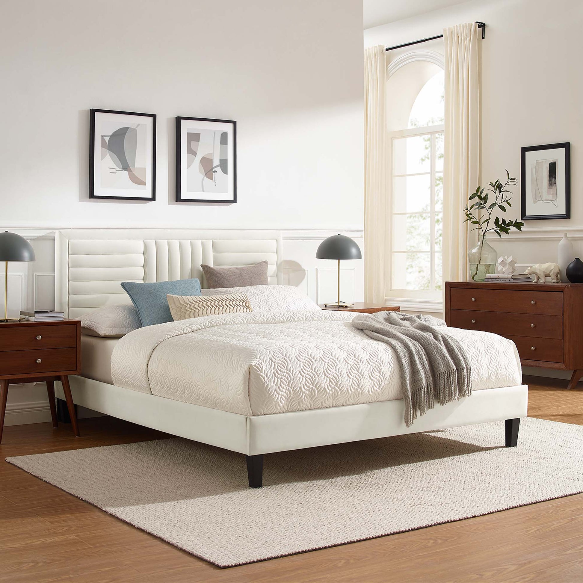 Sofia Tapered Wood Leg Channel Tufted Performance Velvet Full Platform Bed