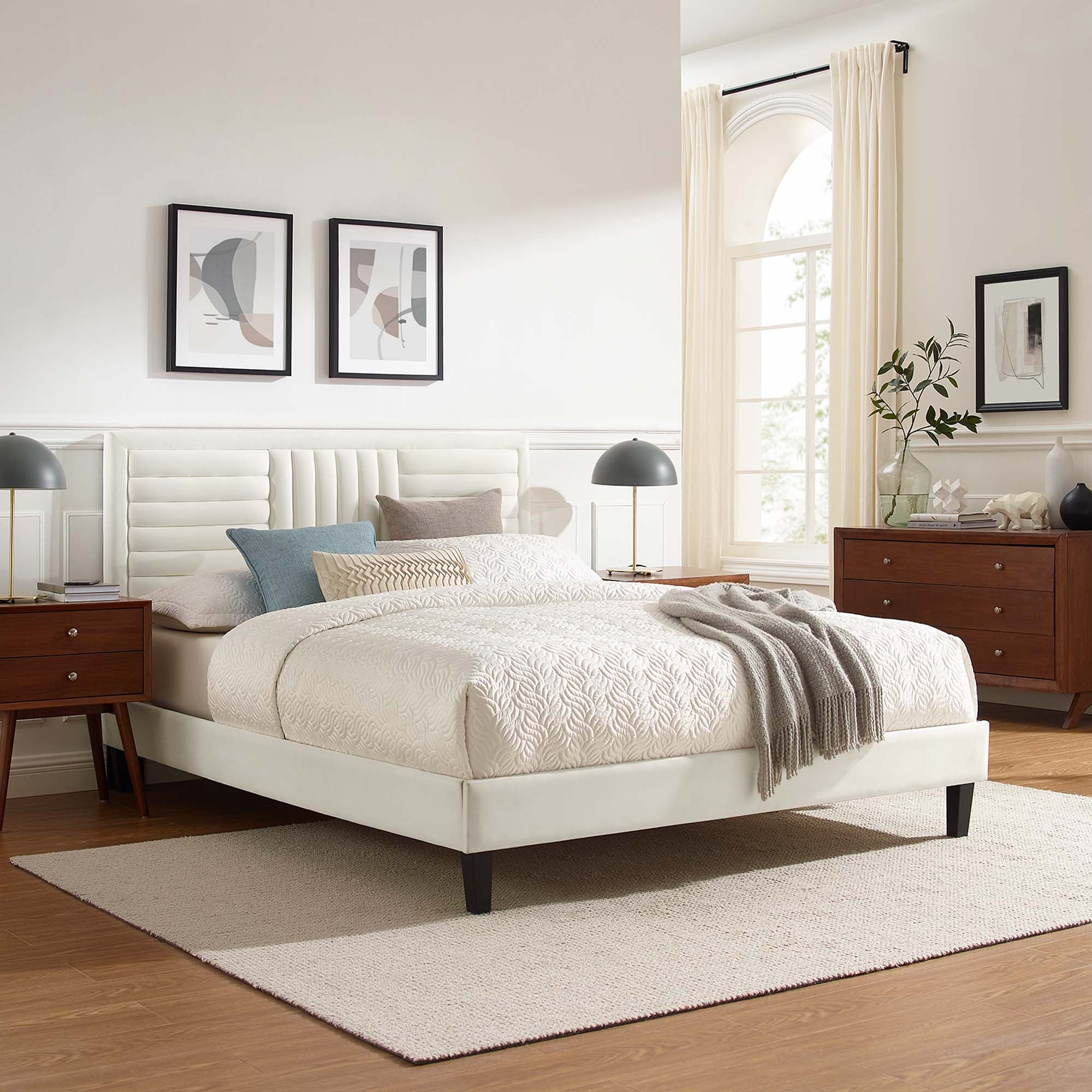 Sofia Tapered Wood Leg Channel Tufted Performance Velvet Full Platform Bed