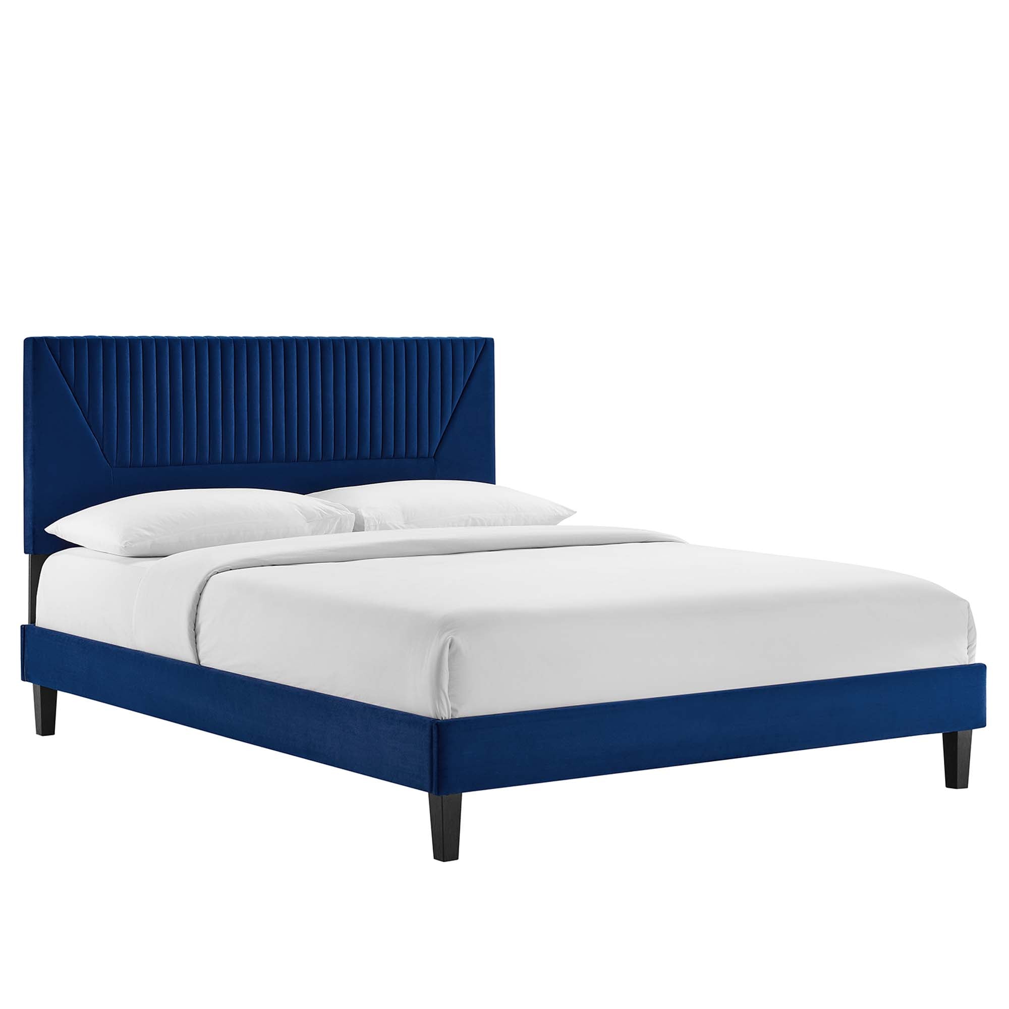 Yasmine Channel Tufted Performance Velvet Platform Bed With Black Wood Legs - Navy