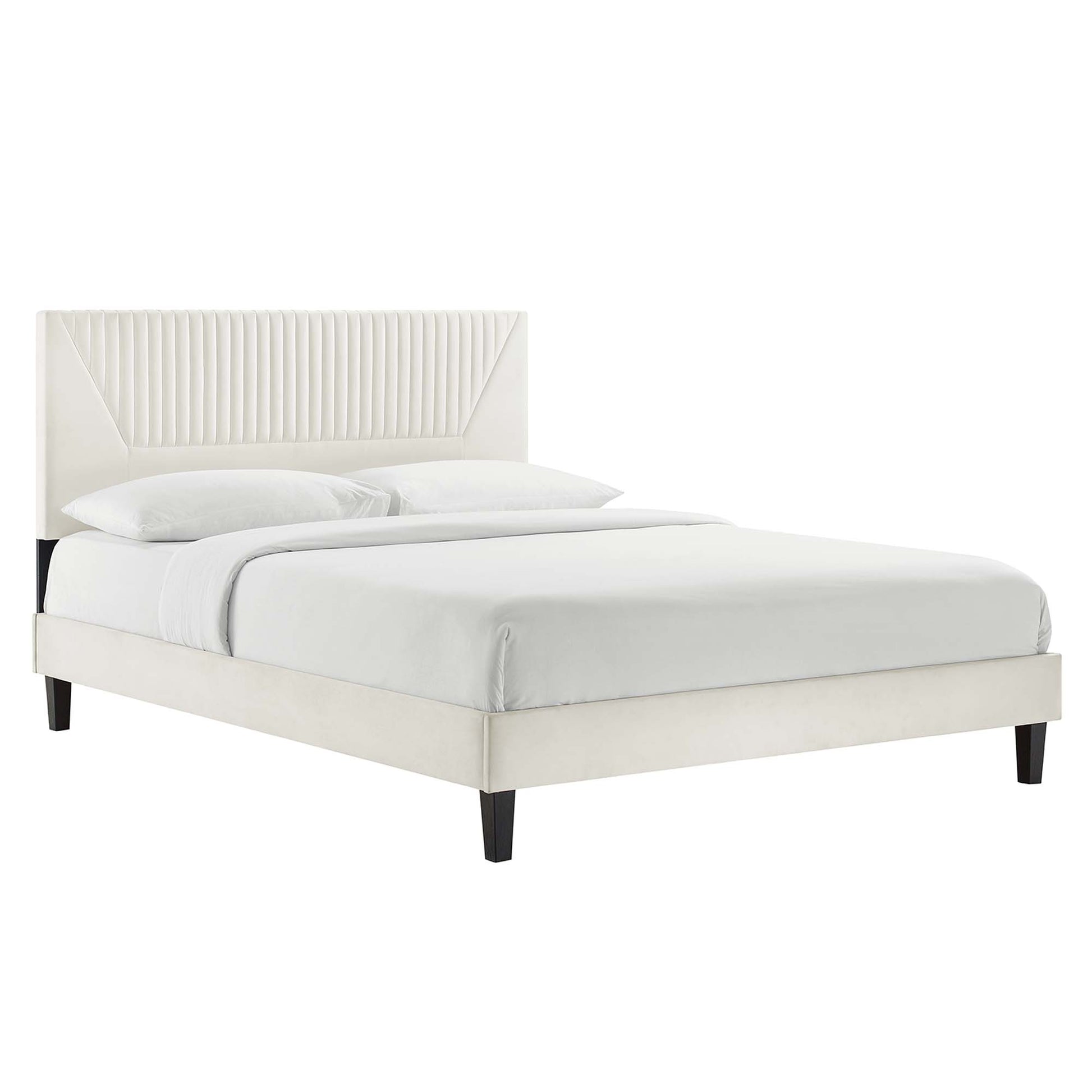 Yasmine Channel Tufted Performance Velvet Platform Bed With Black Wood Legs
