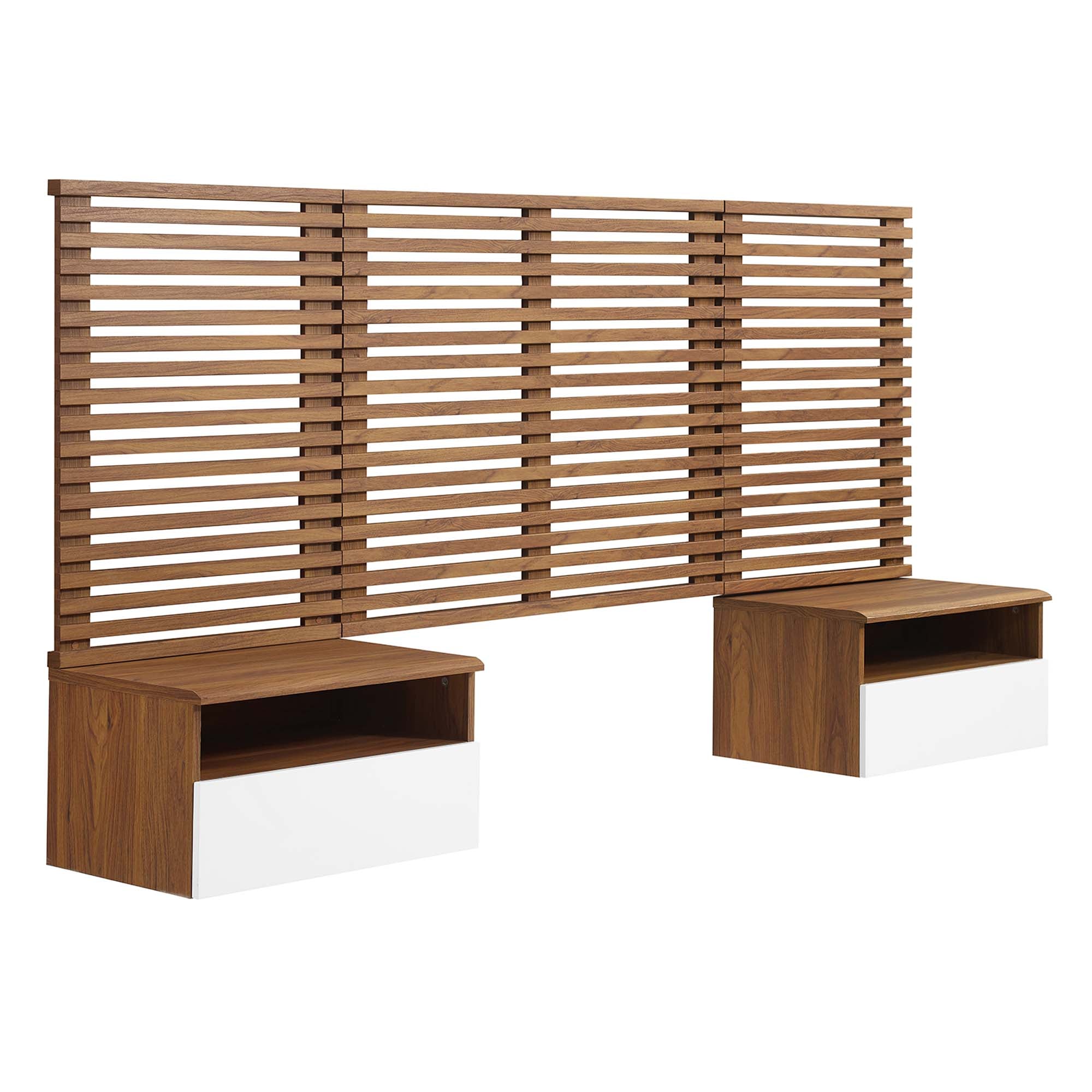 Render Wall Mount Twin Headboard and Modern Nightstands - Walnut