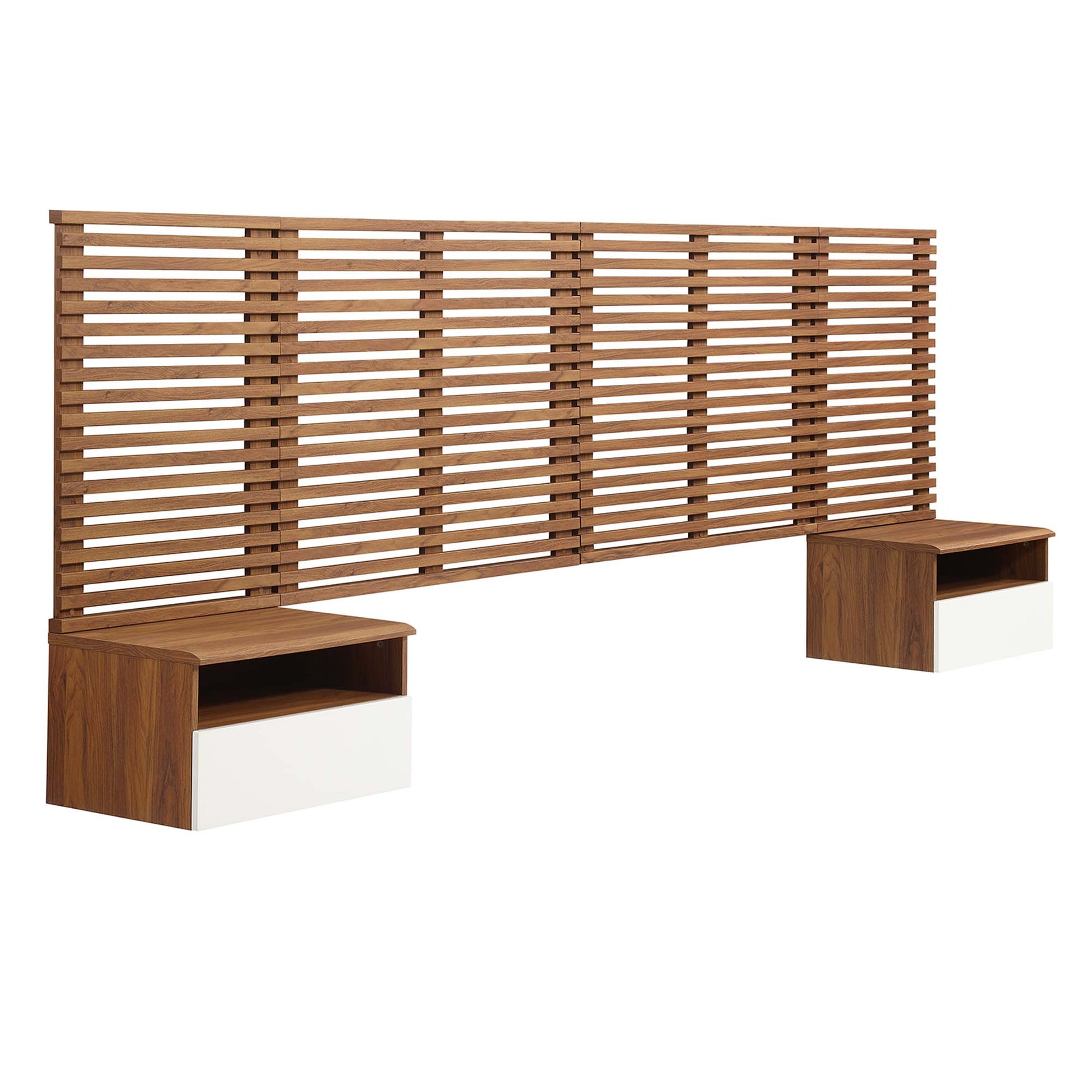 Render Wall Mount King Headboard and Modern Nightstands - Walnut