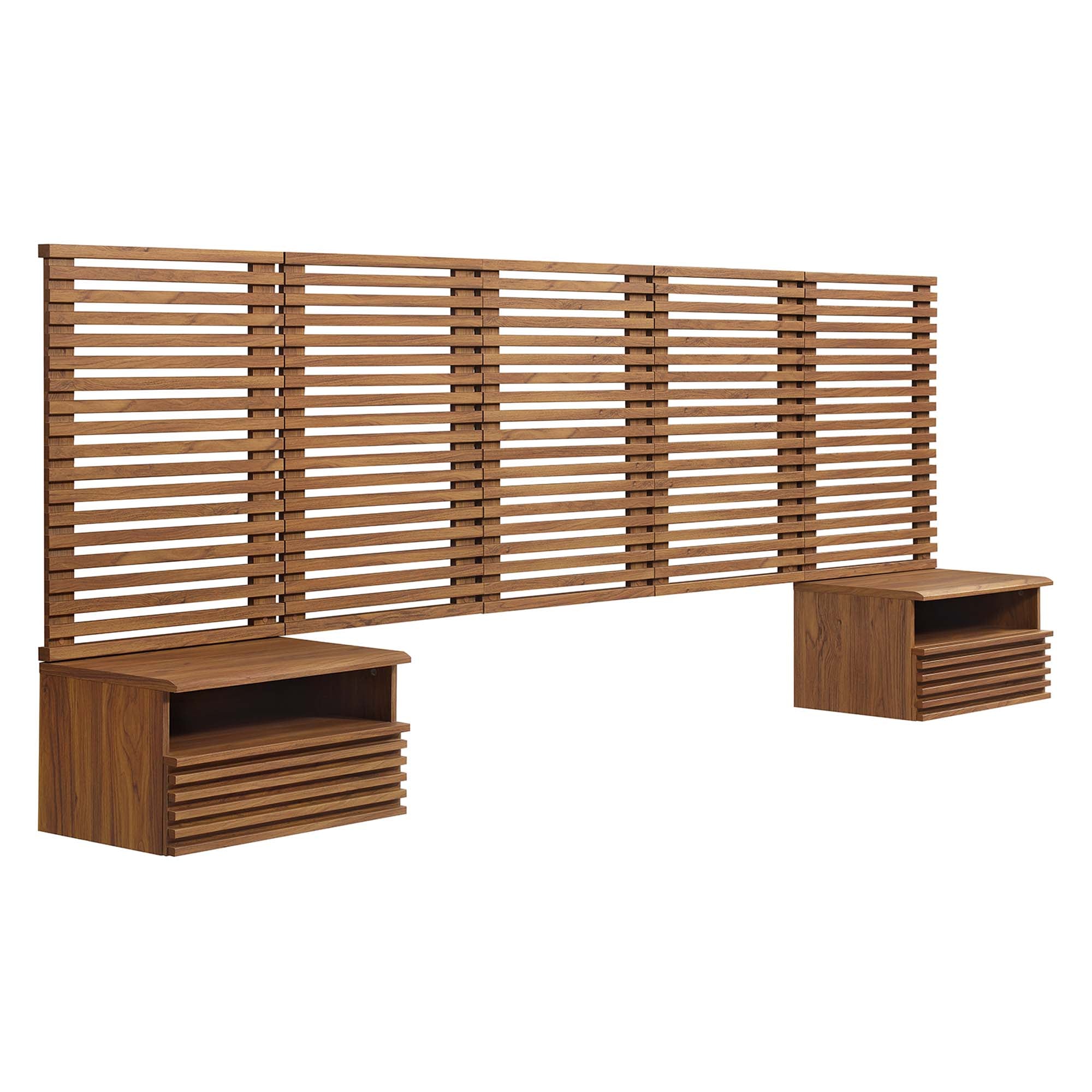 Render Wall Mount Headboard and Modern Nightstands - Walnut