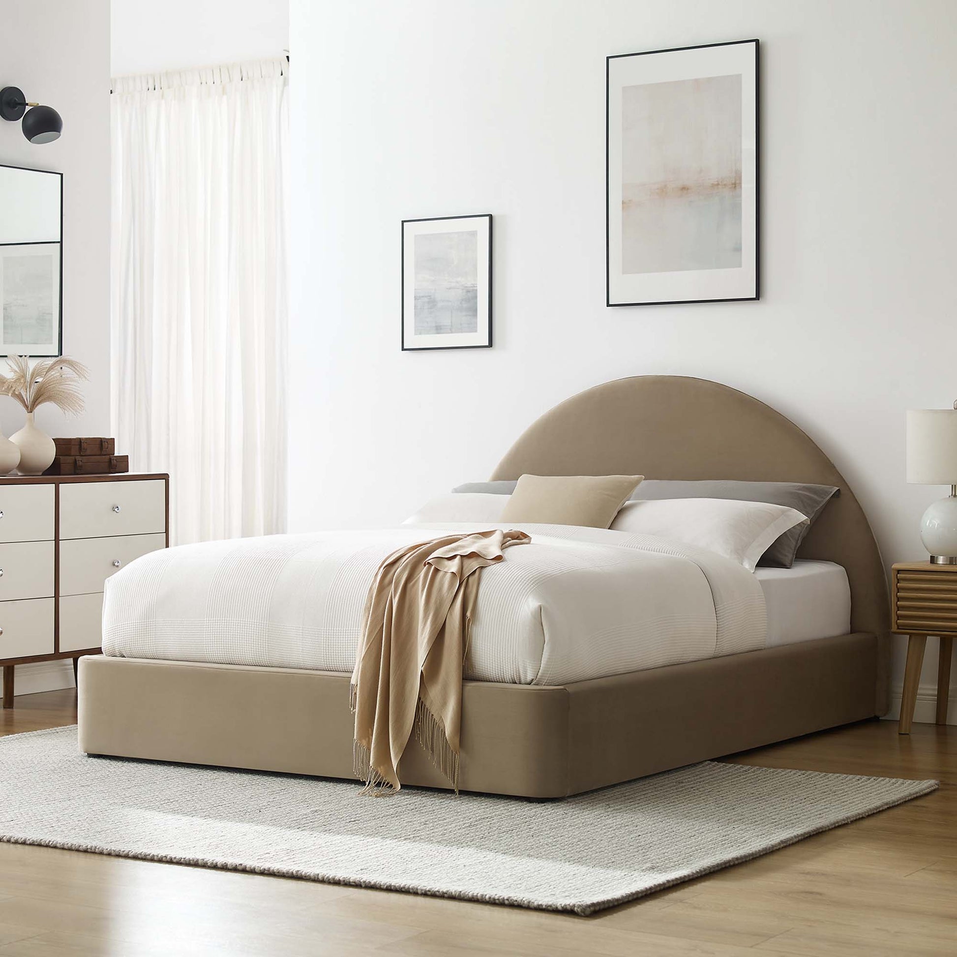 Resort Performance Velvet Arched Round Queen Platform Bed